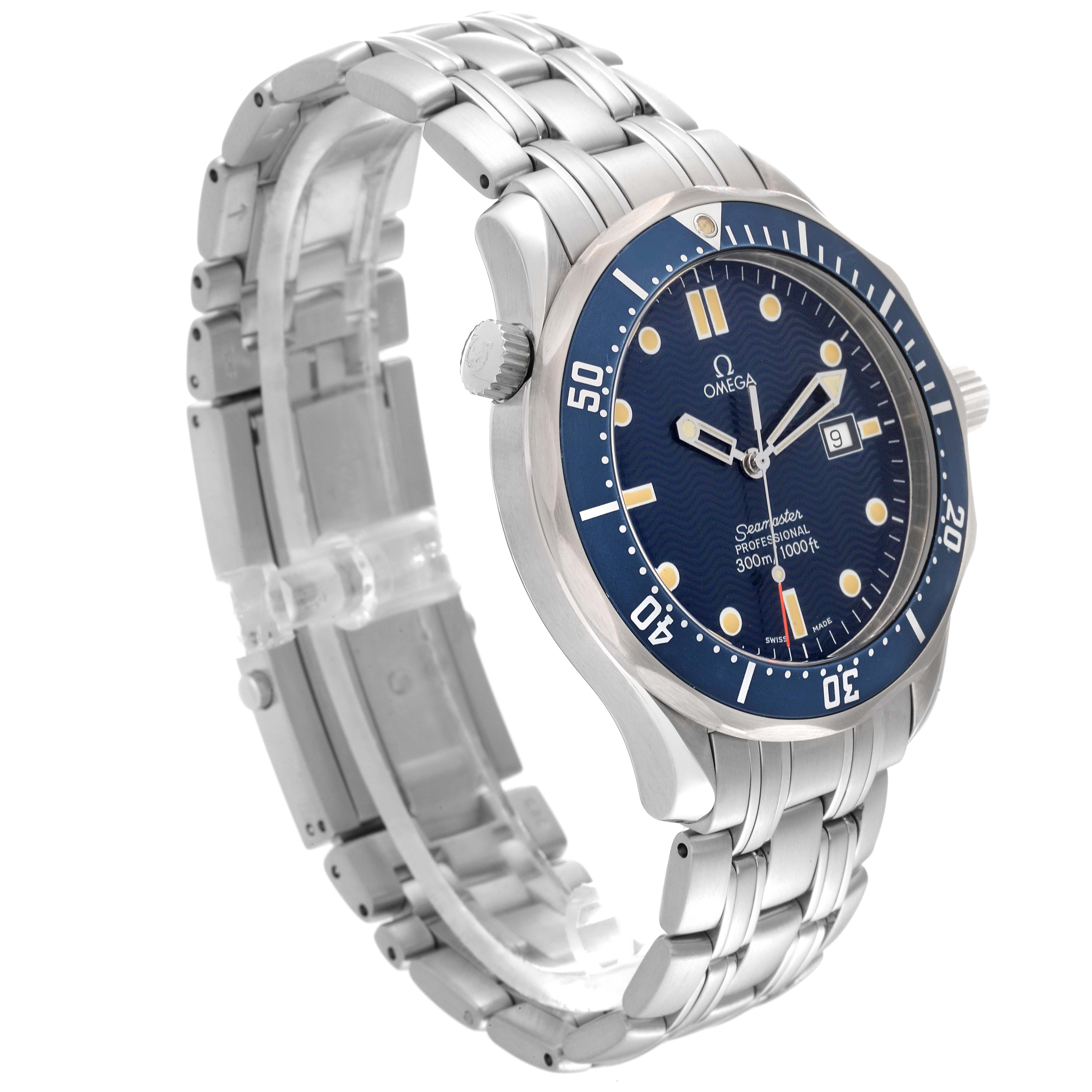 The image shows an Omega Seamaster 2541.80.00 Men's Stainless Steel Blue Dial 2541.80.00 Men's Stainless Steel Blue Dial watch at a slight angle, displaying its stainless steel bracelet, bezel, and blue dial with date feature.
