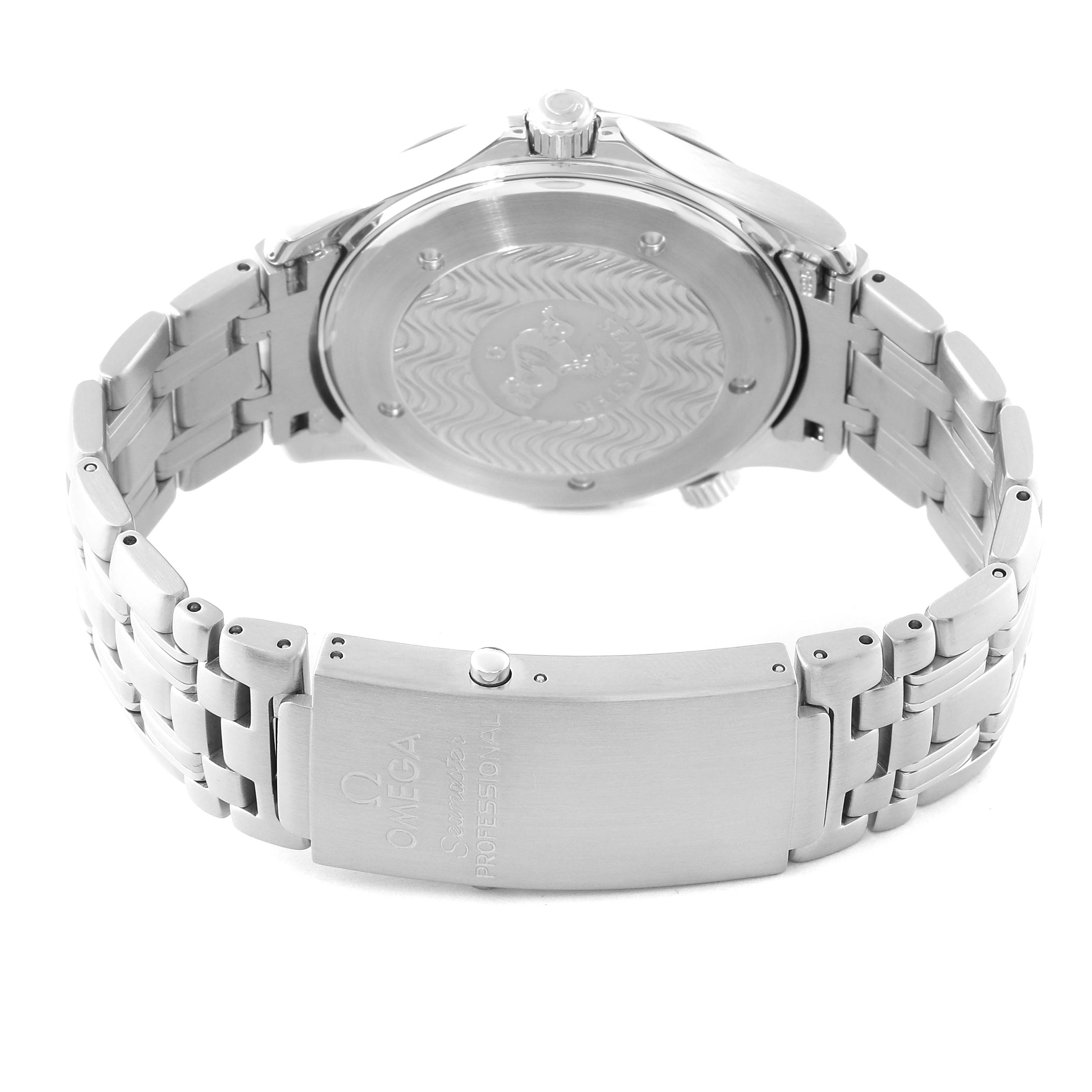 The image shows the case back and bracelet of an Omega Seamaster 2541.80.00 Men's Stainless Steel Blue Dial 2541.80.00 Men's Stainless Steel Blue Dial watch from a rear angle.