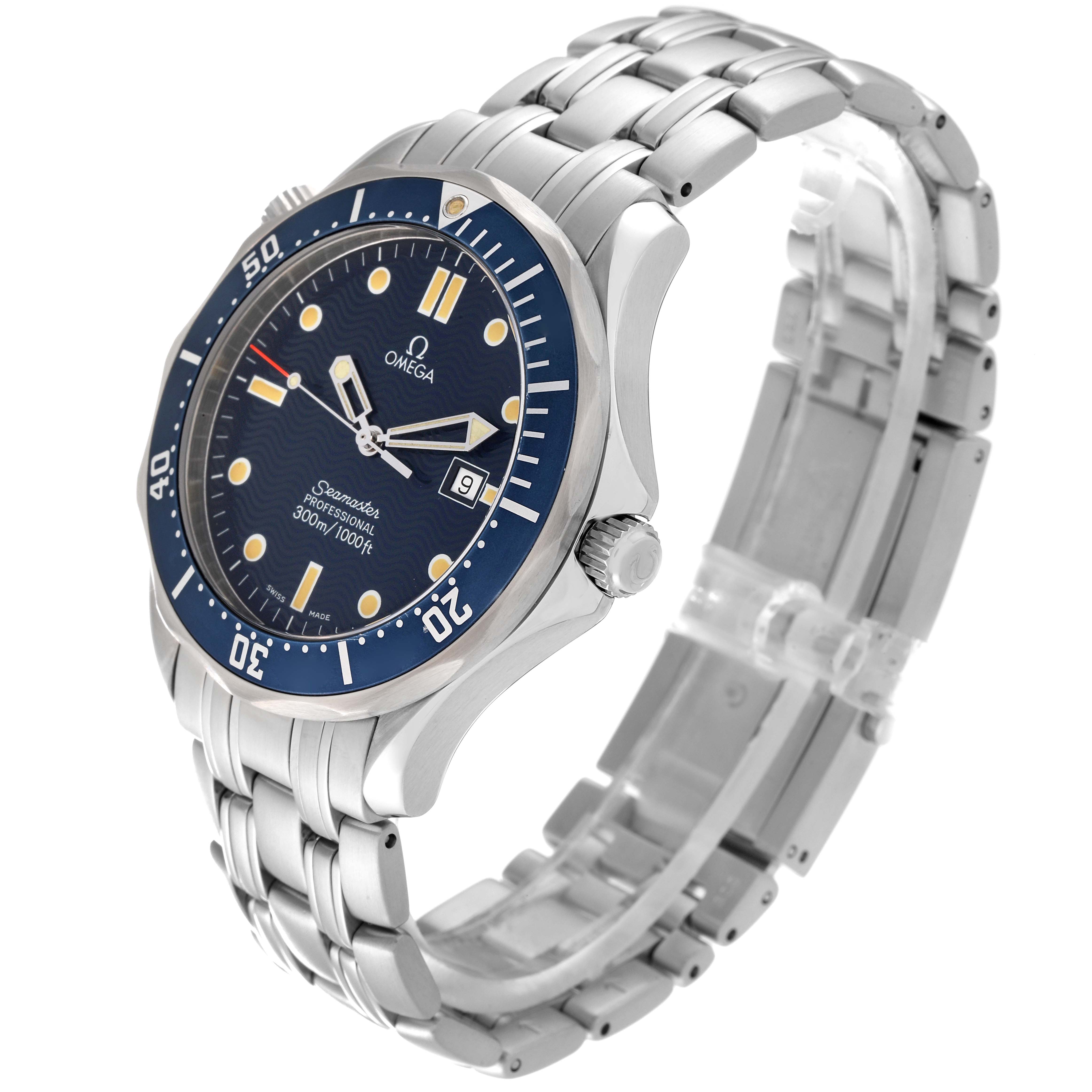 The Omega Seamaster 2541.80.00 Men's Stainless Steel Blue Dial 2541.80.00 Men's Stainless Steel Blue Dial watch is shown at a three-quarter angle, highlighting its dial, bezel, crown, and stainless steel bracelet.
