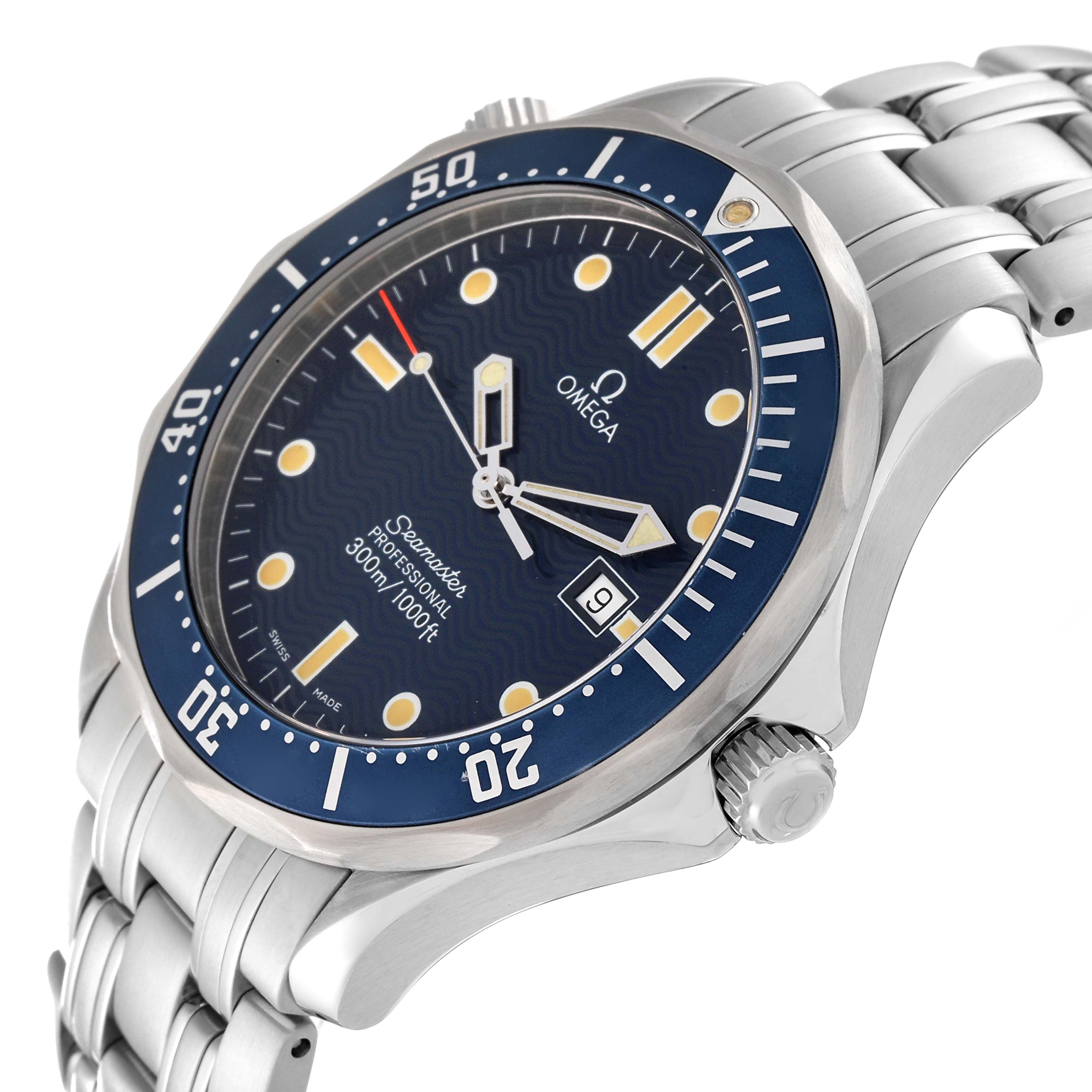 The Omega Seamaster 2541.80.00 Men's Stainless Steel Blue Dial 2541.80.00 Men's Stainless Steel Blue Dial watch is shown from a three-quarter angle, highlighting the dial, bezel, crown, and stainless steel bracelet.