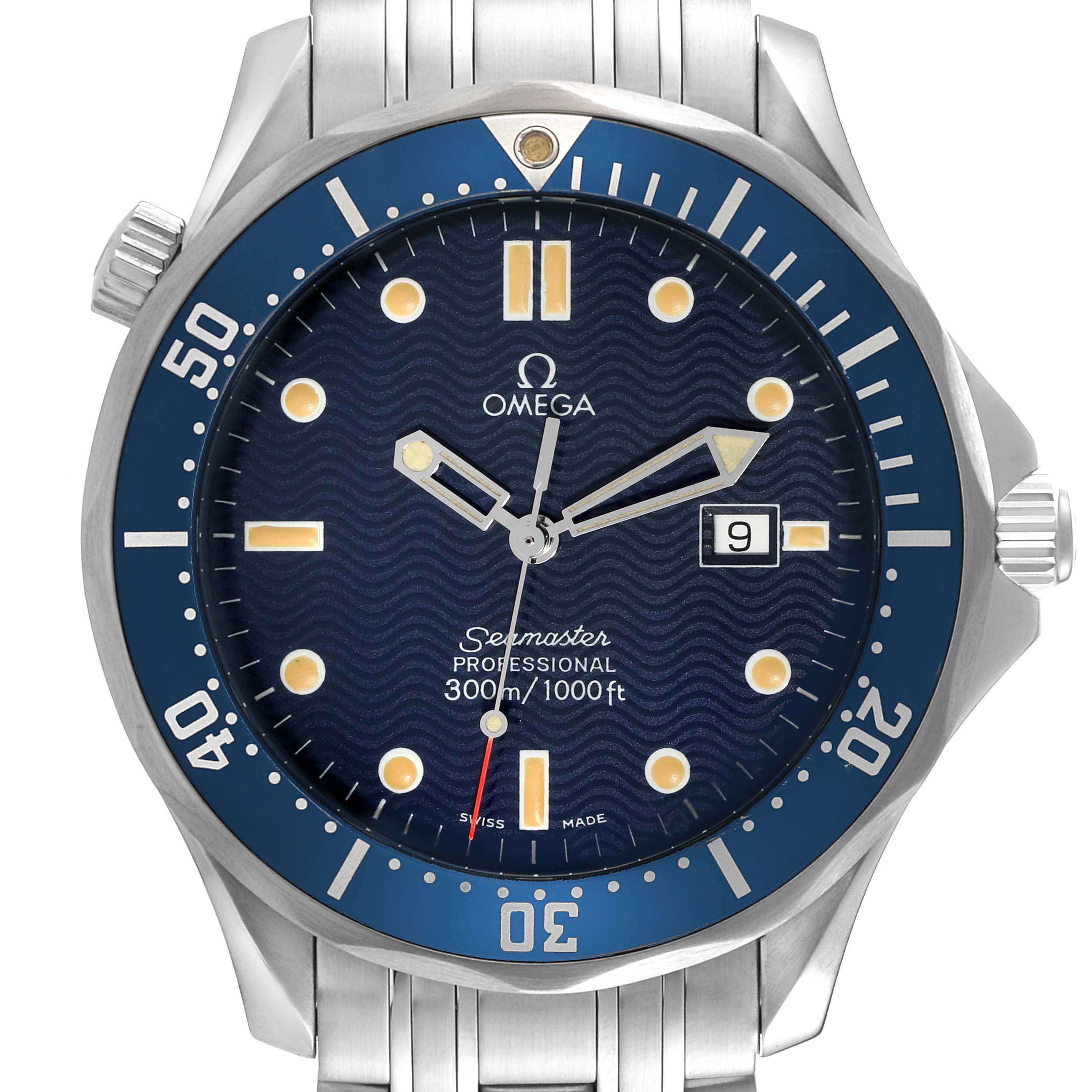 The image shows a front view of the Omega Seamaster 2541.80.00 Men's Stainless Steel Blue Dial 2541.80.00 Men's Stainless Steel Blue Dial watch, highlighting its blue dial, bezel, and stainless steel bracelet.