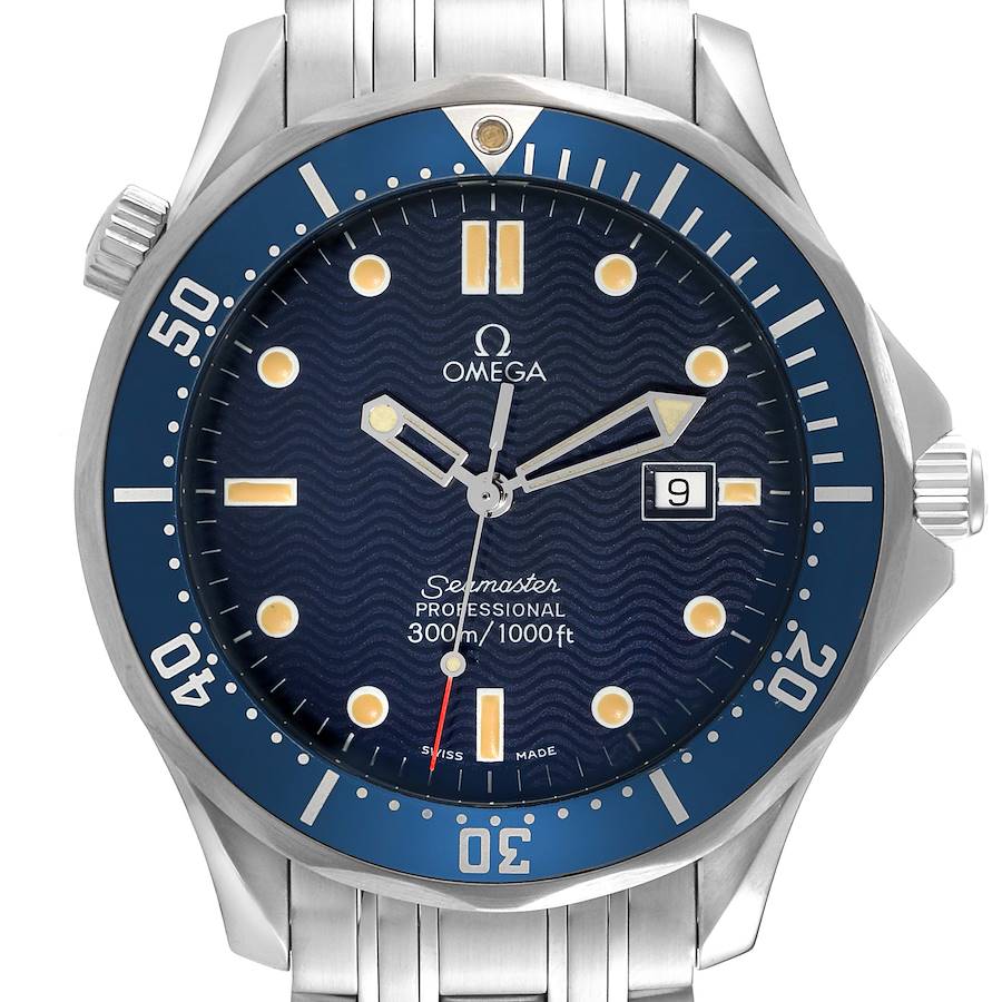 The image shows a front view of the Omega Seamaster watch, highlighting its blue dial, bezel, and stainless steel bracelet.