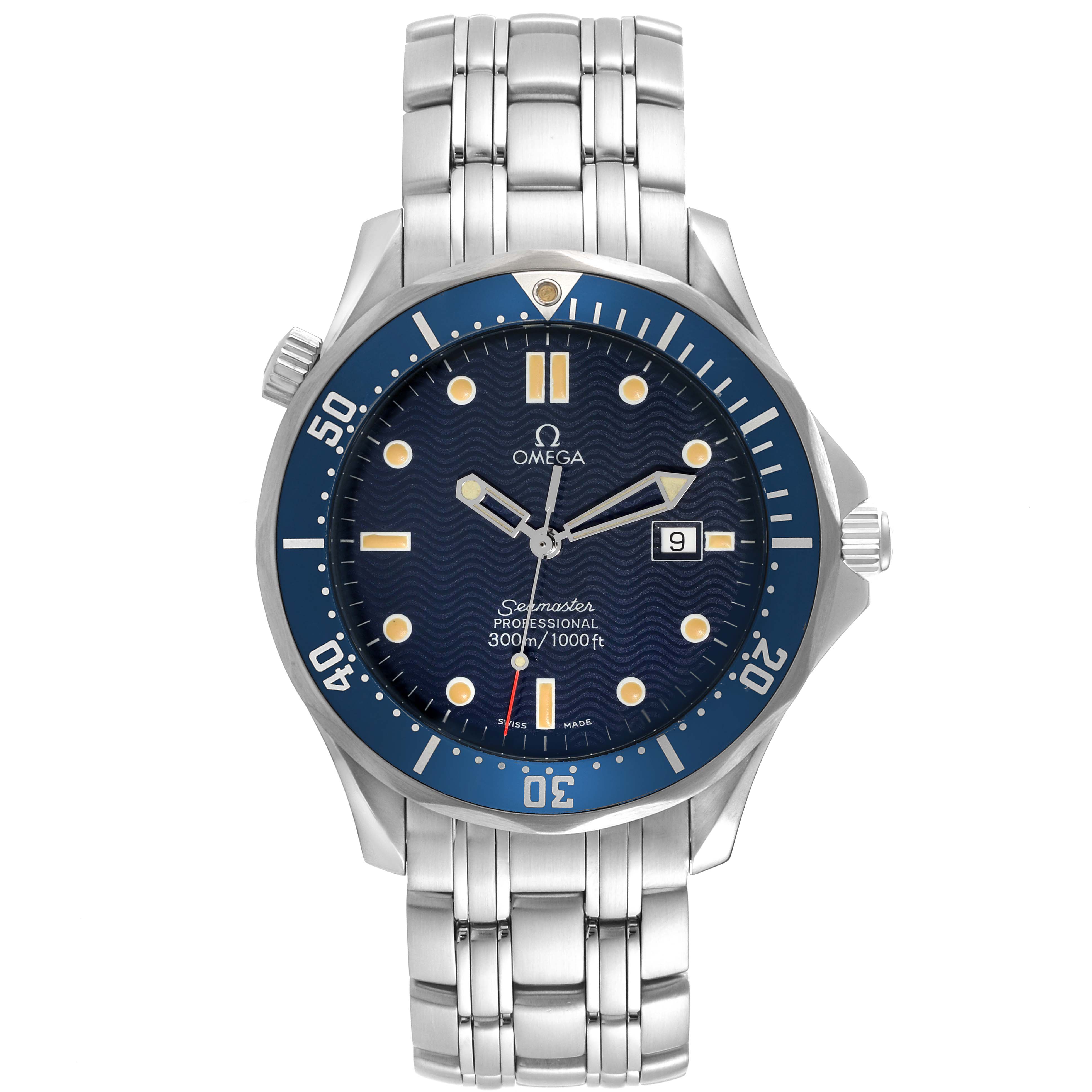 The image shows a front view of the Omega Seamaster 2541.80.00 Men's Stainless Steel Blue Dial 2541.80.00 Men's Stainless Steel Blue Dial watch, featuring the dial, hands, date window, bezel, and stainless steel bracelet.
