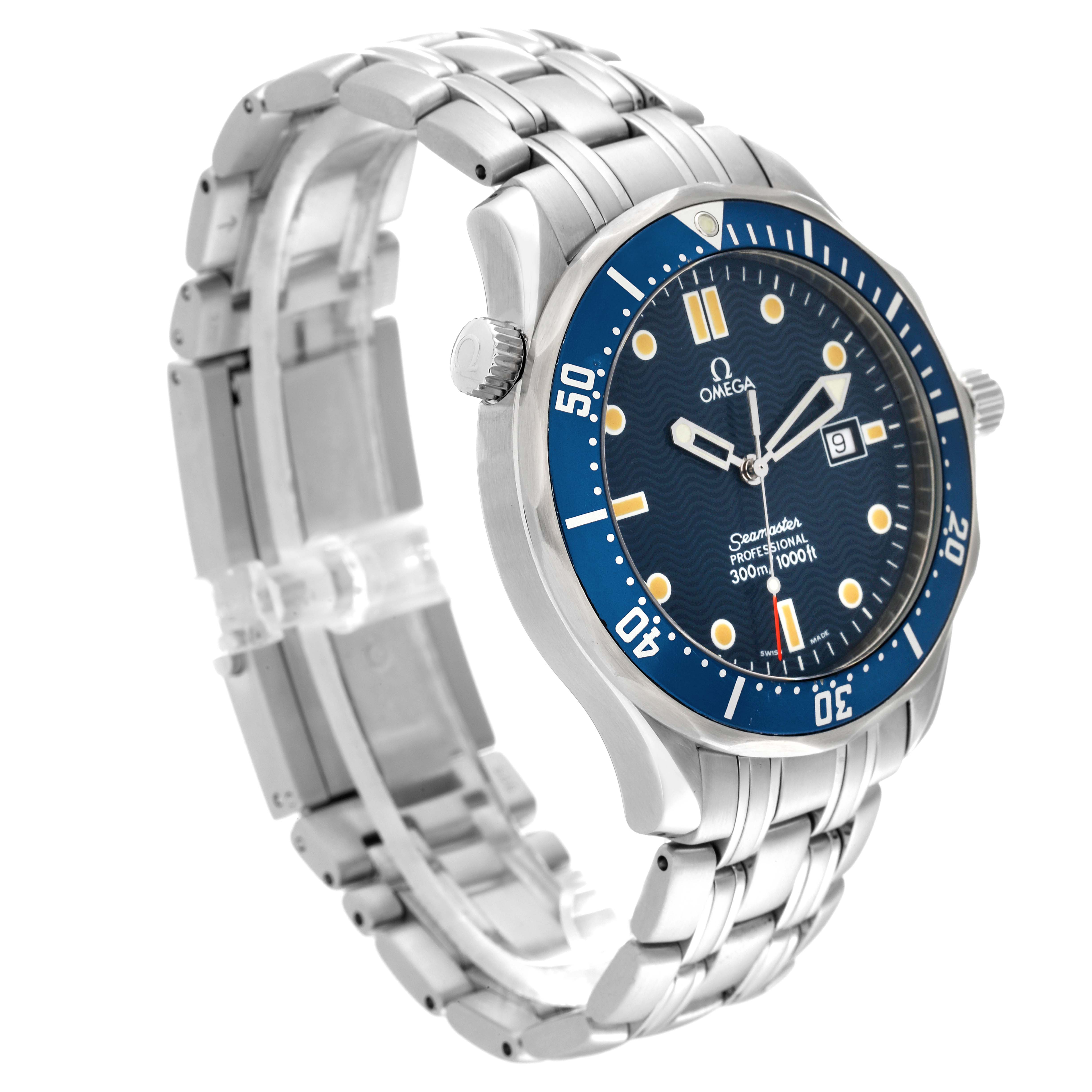 The image shows an Omega Seamaster 2541.80.00 Men's Stainless Steel Blue Dial 2541.80.00 Men's Stainless Steel Blue Dial watch from a three-quarter angle, highlighting the dial, bezel, case, and metal bracelet.