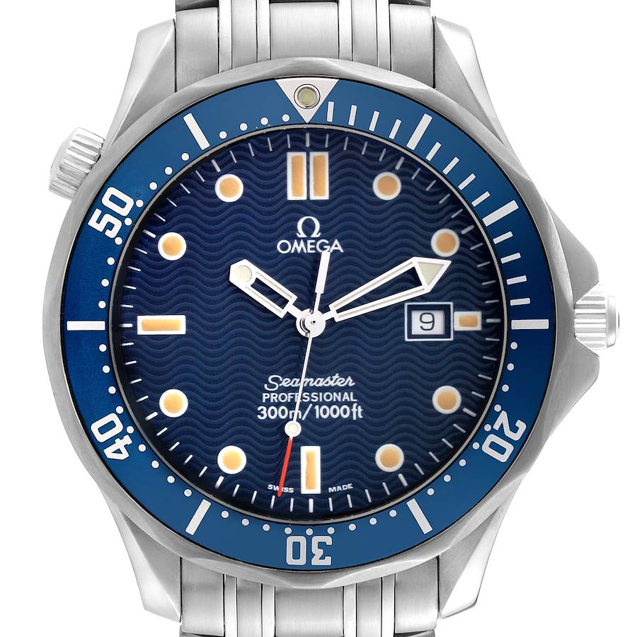 The image shows a front view of an Omega Seamaster watch, highlighting its dial, hands, bezel, crown, and part of the bracelet.