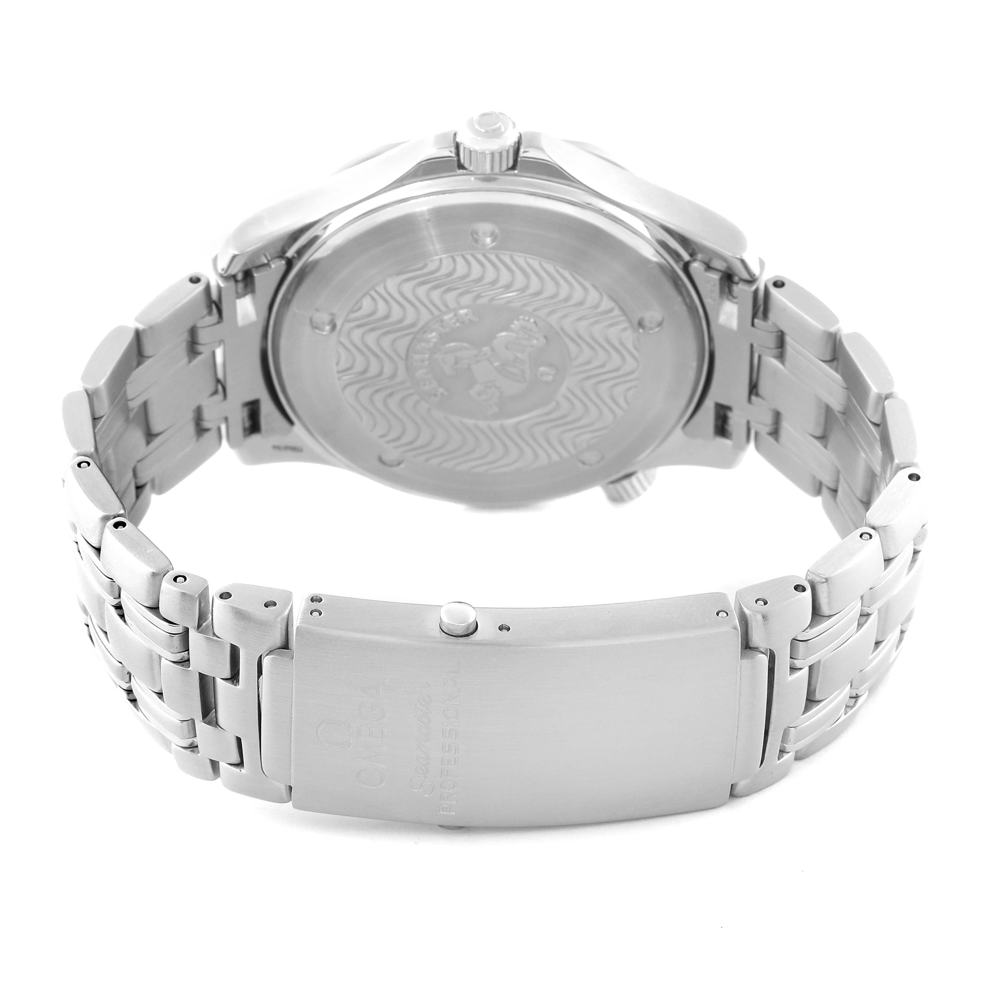 The image shows the back view of the Omega Seamaster 2541.80.00 Men's Stainless Steel Blue Dial 2541.80.00 Men's Stainless Steel Blue Dial watch, highlighting the case back and the metal bracelet with the clasp.