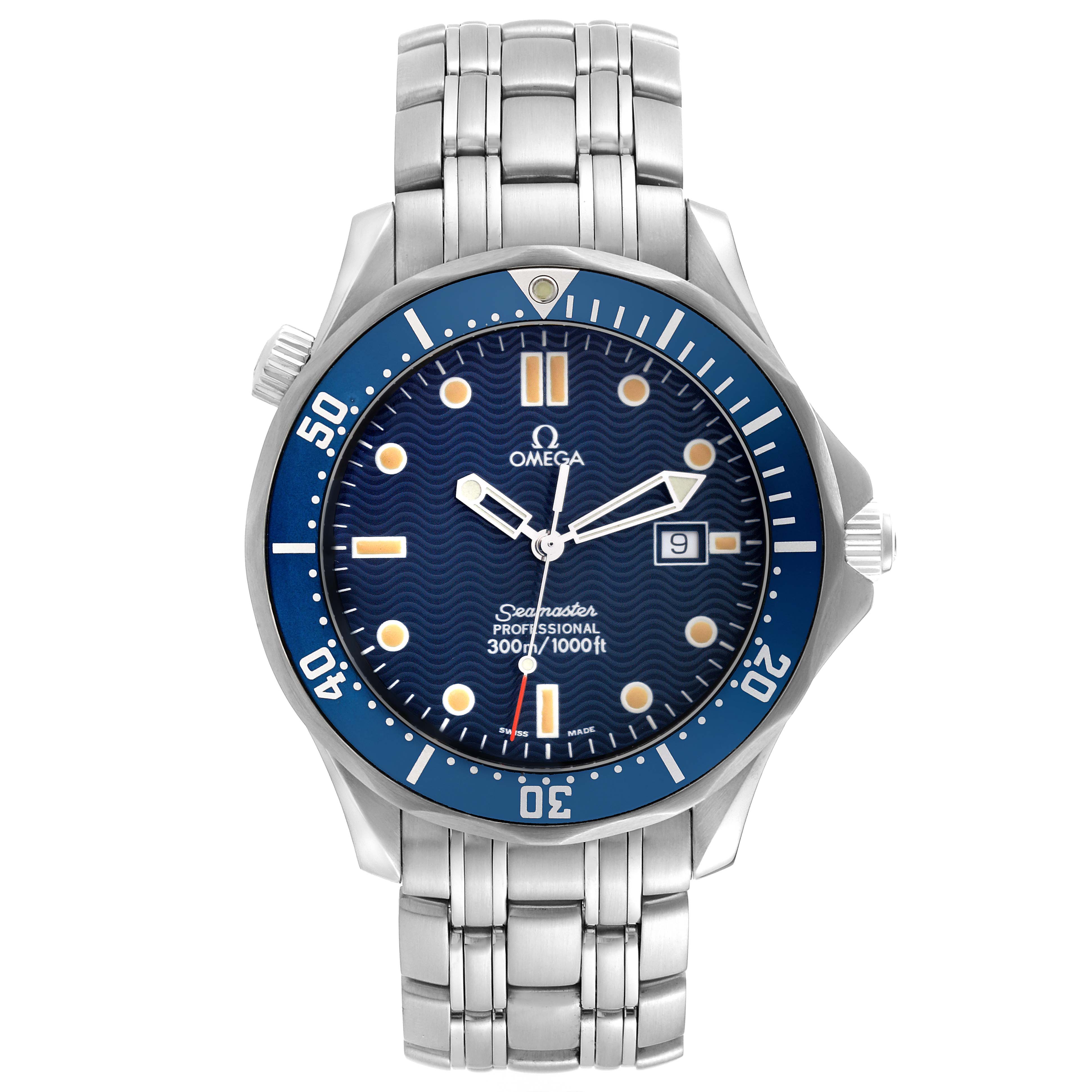 The image shows a front view of the Omega Seamaster 2541.80.00 Men's Stainless Steel Blue Dial 2541.80.00 Men's Stainless Steel Blue Dial watch, displaying its blue dial, steel bracelet, and bezel.