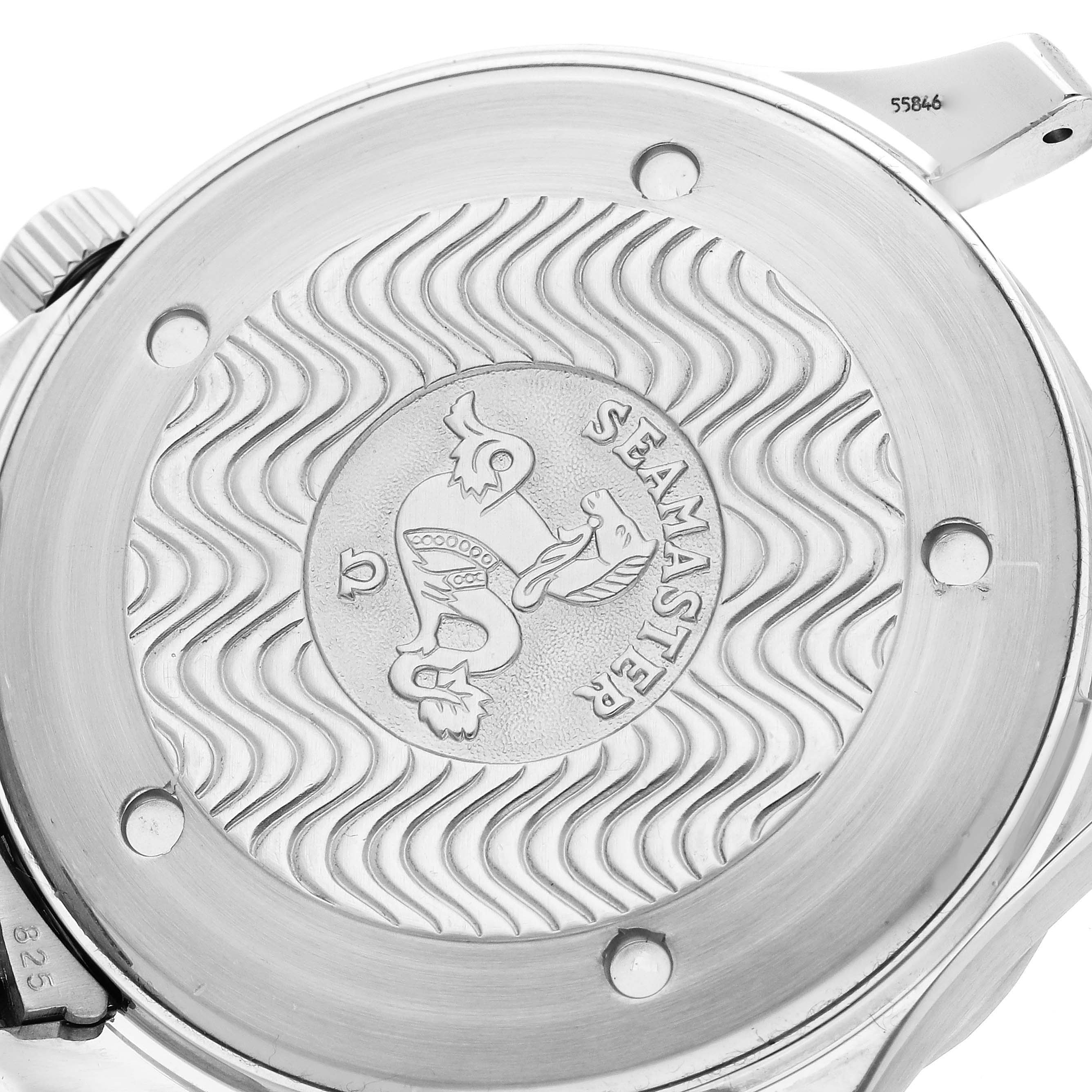 The image shows the case back of the Omega Seamaster 2541.80.00 Men's Stainless Steel Blue Dial 2541.80.00 Men's Stainless Steel Blue Dial watch, highlighting its engraved design and branding.