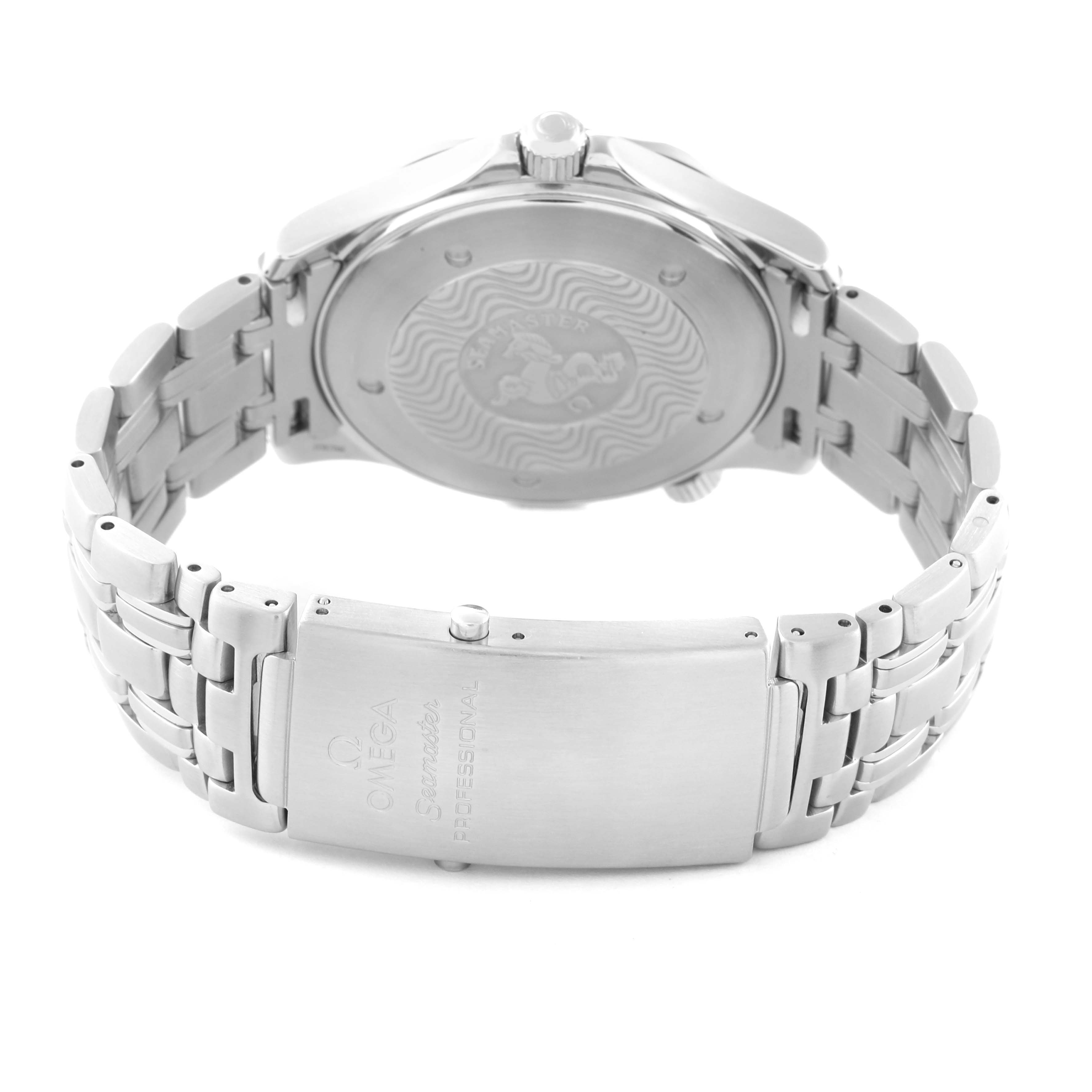 The watch is a Seamaster model by Omega shown from the back, detailing the clasp and the case back.