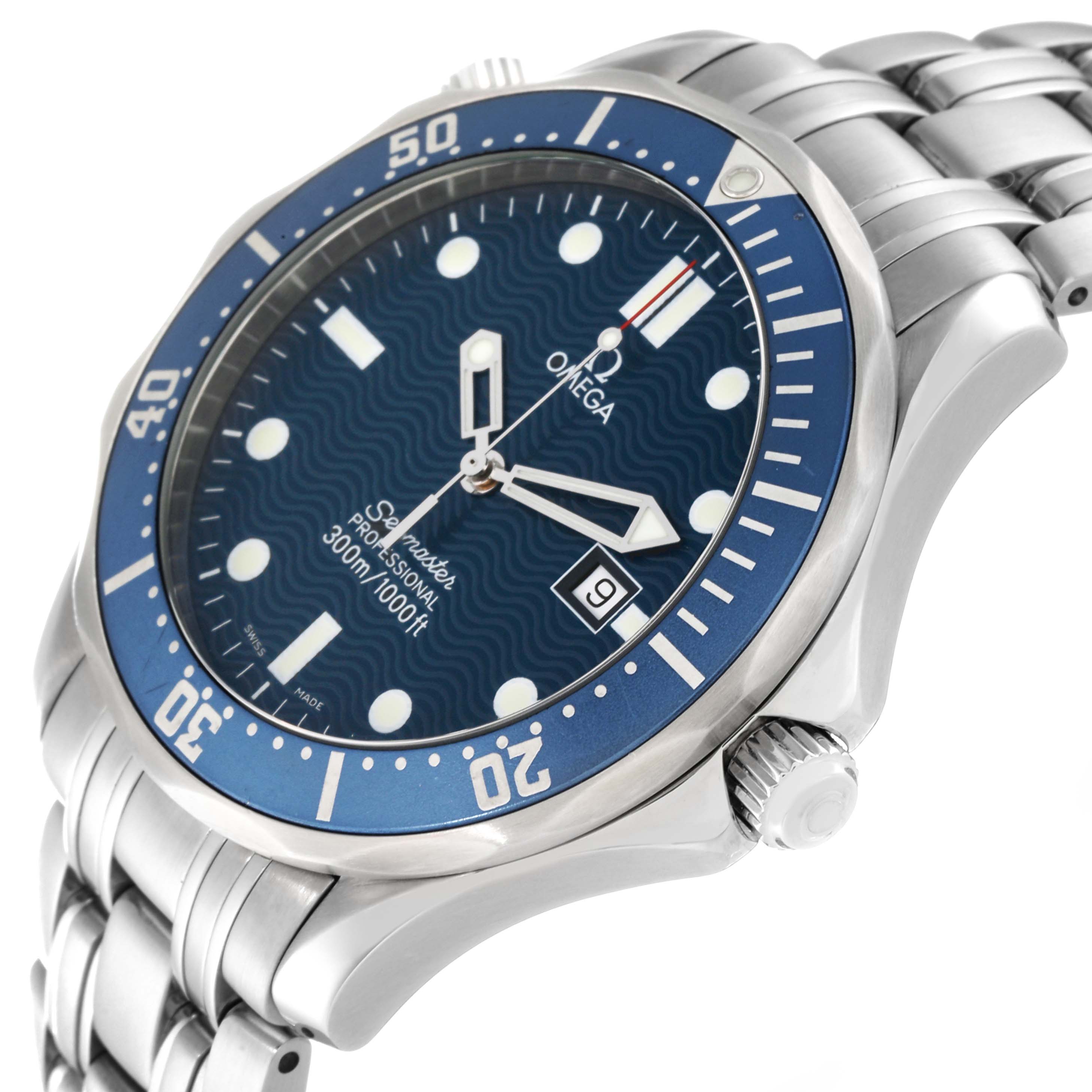This image shows a close-up angled view of an Omega Seamaster 2541.80.00 Men's Stainless Steel Blue Dial 2541.80.00 Men's Stainless Steel Blue Dial watch, highlighting the dial, bezel, crown, and part of the bracelet.