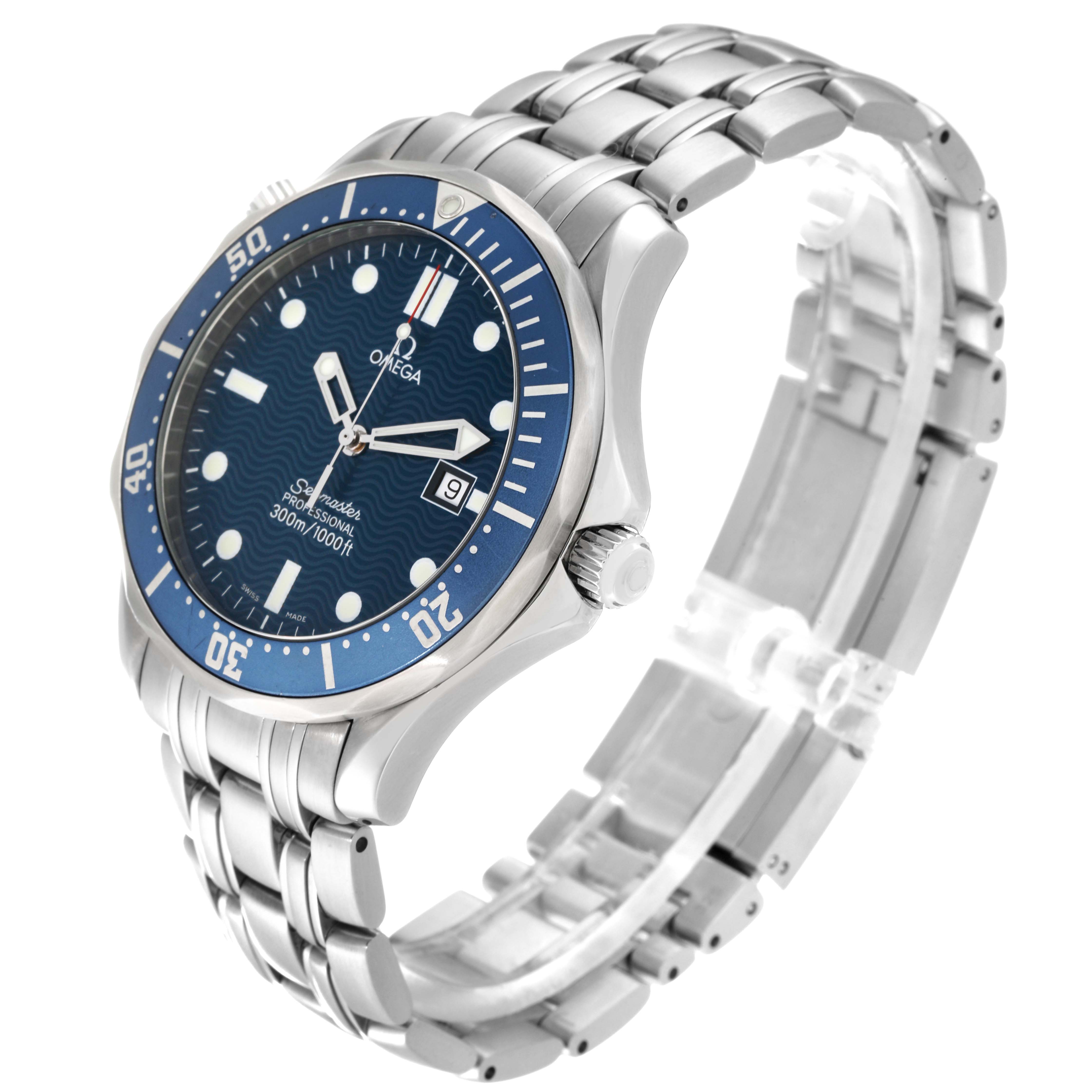 This image shows the Omega Seamaster 2541.80.00 Men's Stainless Steel Blue Dial 2541.80.00 Men's Stainless Steel Blue Dial watch at a three-quarter angle, highlighting the dial, bezel, crown, and metal bracelet.