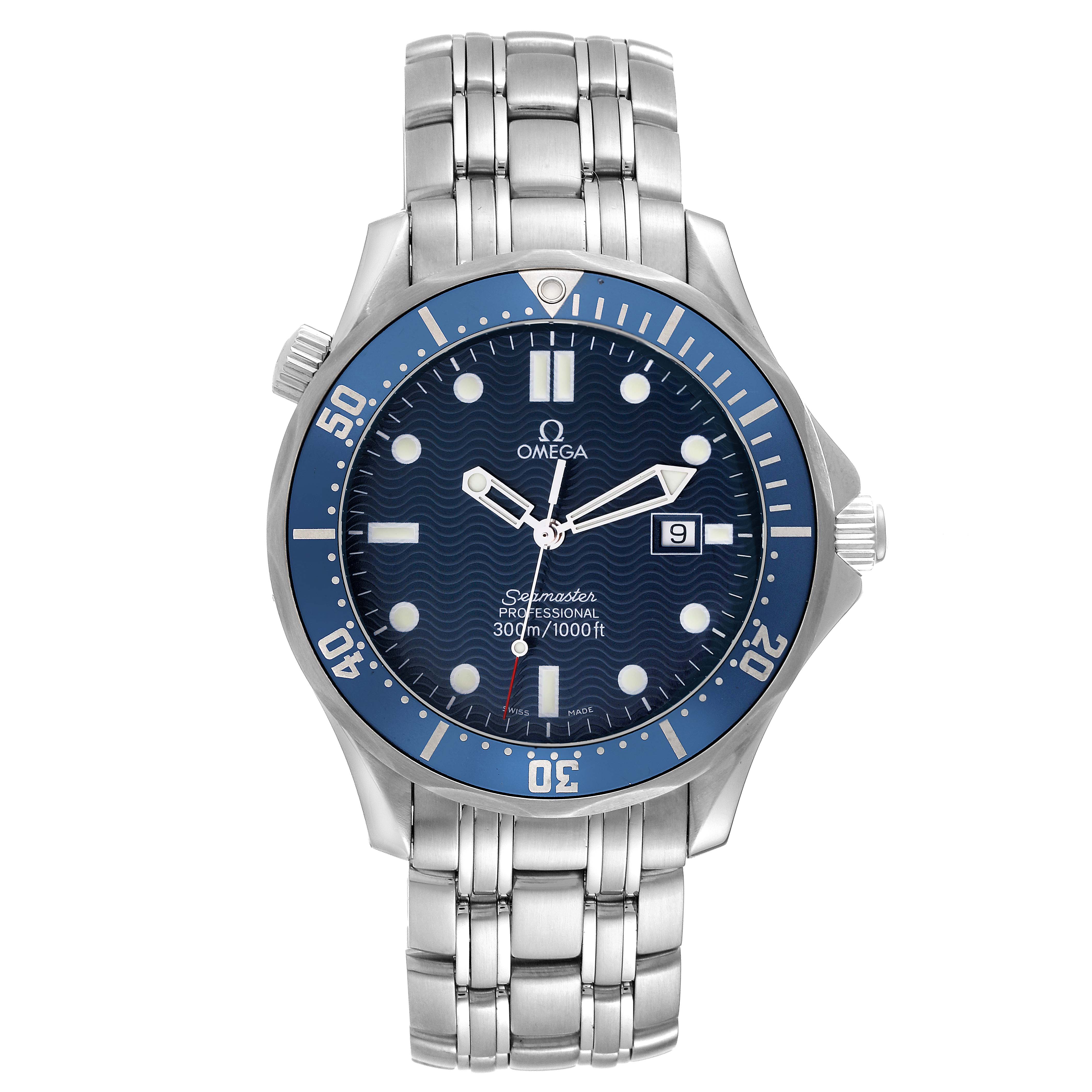 The image shows a full-frontal view of the Omega Seamaster 2541.80.00 Men's Stainless Steel Blue Dial 2541.80.00 Men's Stainless Steel Blue Dial watch, displaying its face, bezel, bracelet, and crown.