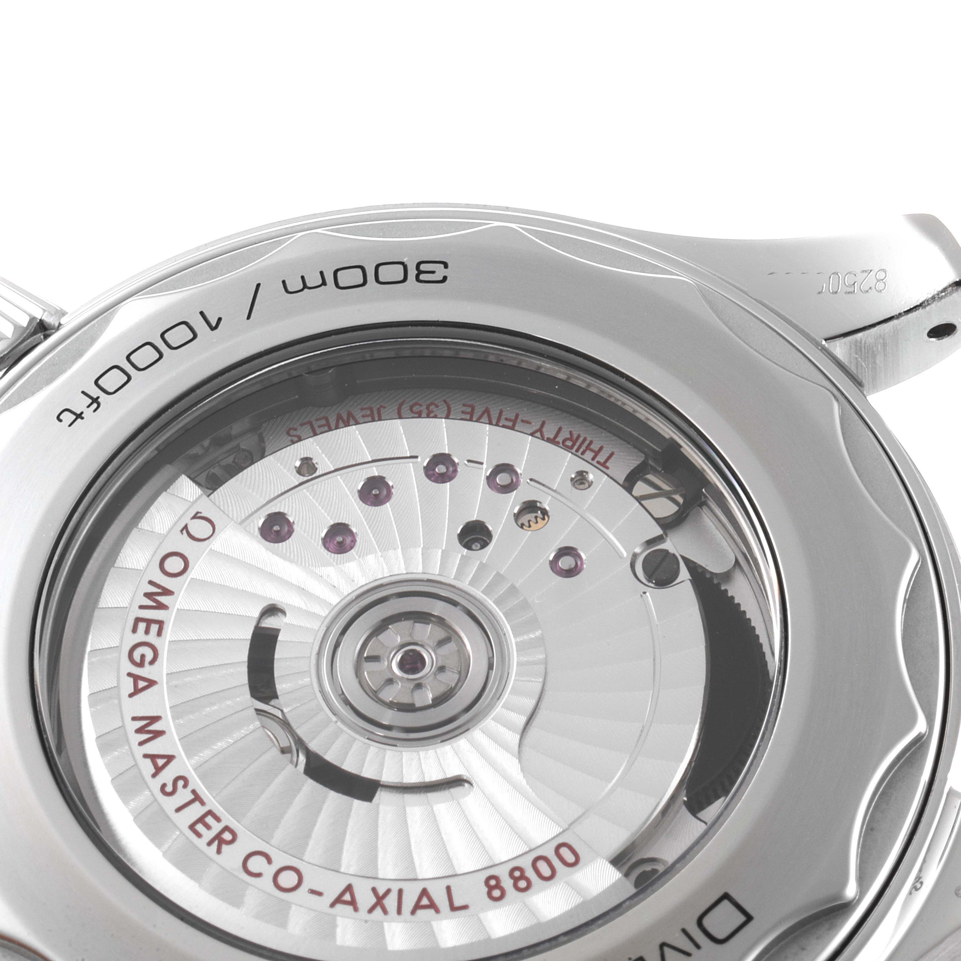 The image shows the back view of an Omega Seamaster 210.32.42.20.06.001 Men
s Stainless Steel Grey Dial 210.32.42.20.06.001 Men
s Stainless Steel Grey Dial watch, highlighting its Co-Axial 8800 movement.