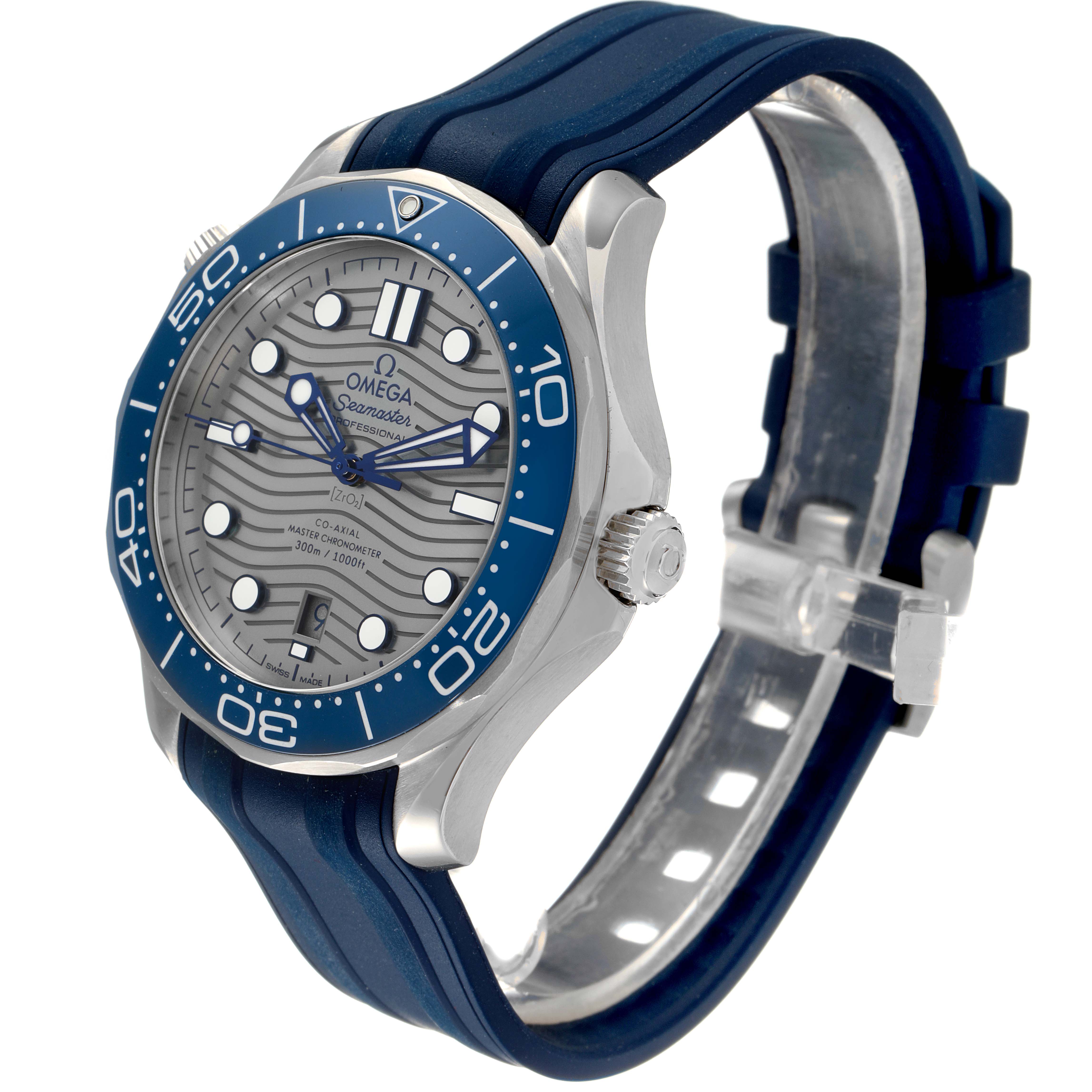 The Omega Seamaster 210.32.42.20.06.001 Men
s Stainless Steel Grey Dial 210.32.42.20.06.001 Men
s Stainless Steel Grey Dial watch is shown at an angle showcasing its face, bezel, case, crown, and strap.