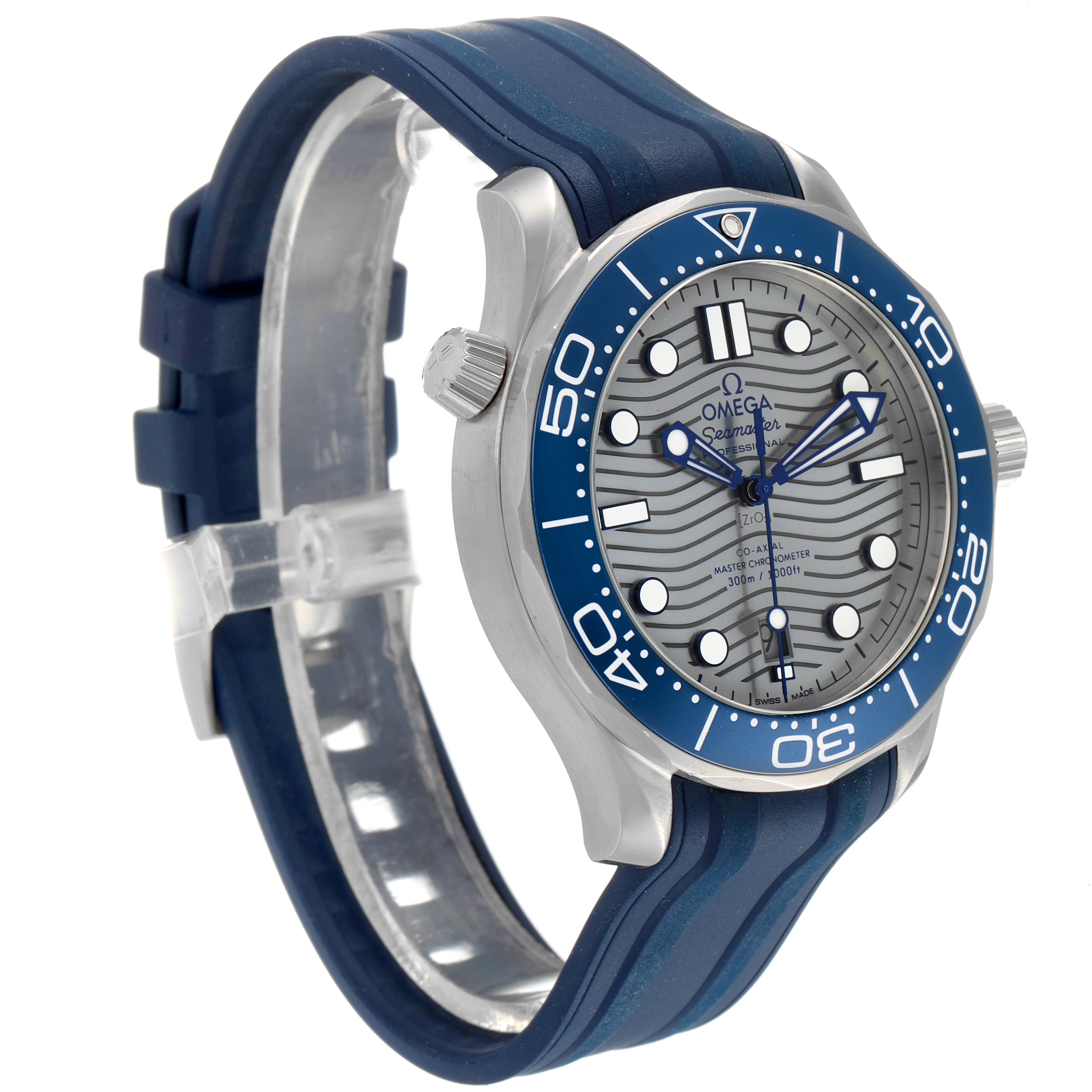 The Omega Seamaster 210.32.42.20.06.001 Men
s Stainless Steel Grey Dial 210.32.42.20.06.001 Men
s Stainless Steel Grey Dial watch is shown at an angled side view, highlighting the dial, bezel, and blue rubber strap.
