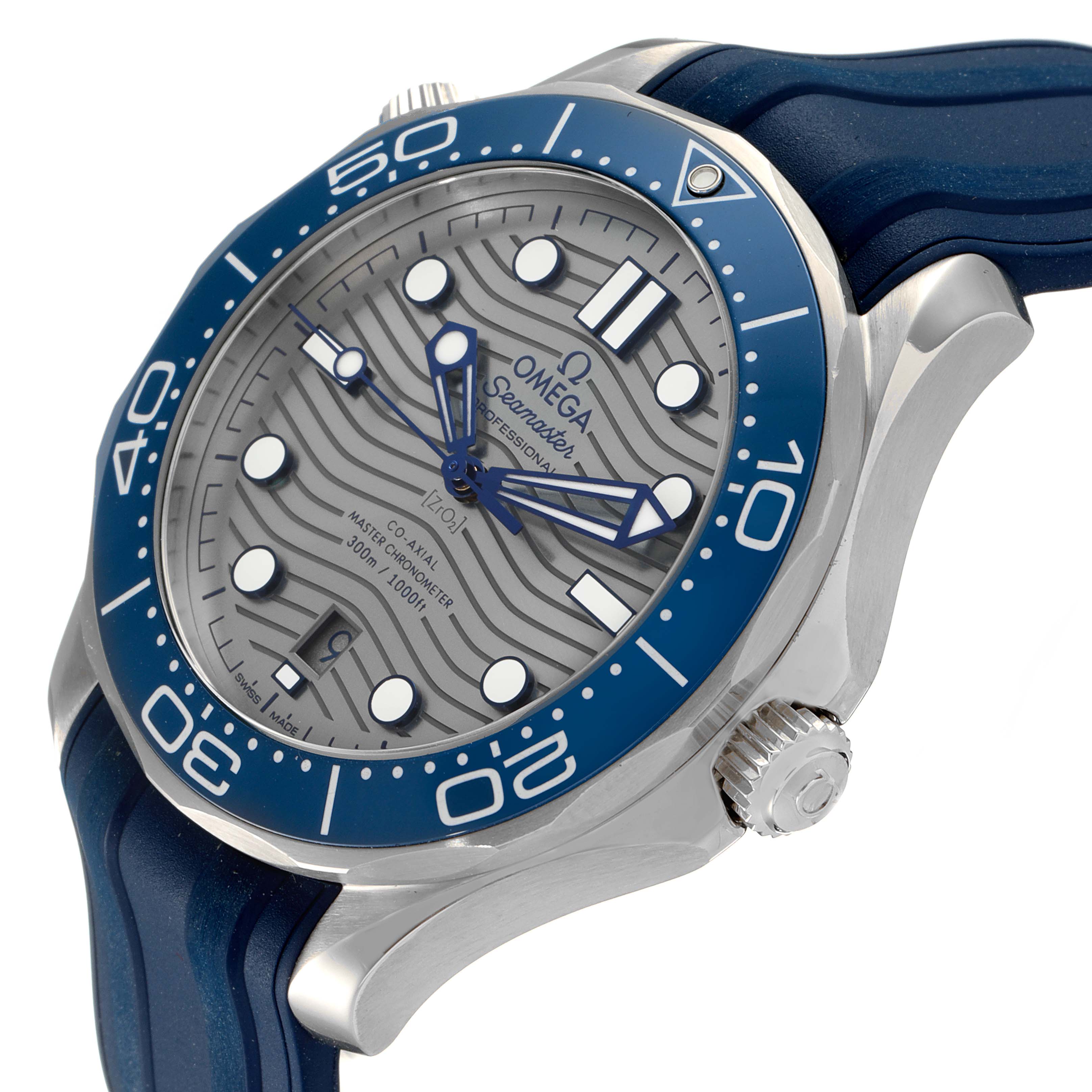 The image shows the face, bezel, case, strap, and crown of the Omega Seamaster 210.32.42.20.06.001 Men
s Stainless Steel Grey Dial 210.32.42.20.06.001 Men
s Stainless Steel Grey Dial watch at an angled view.