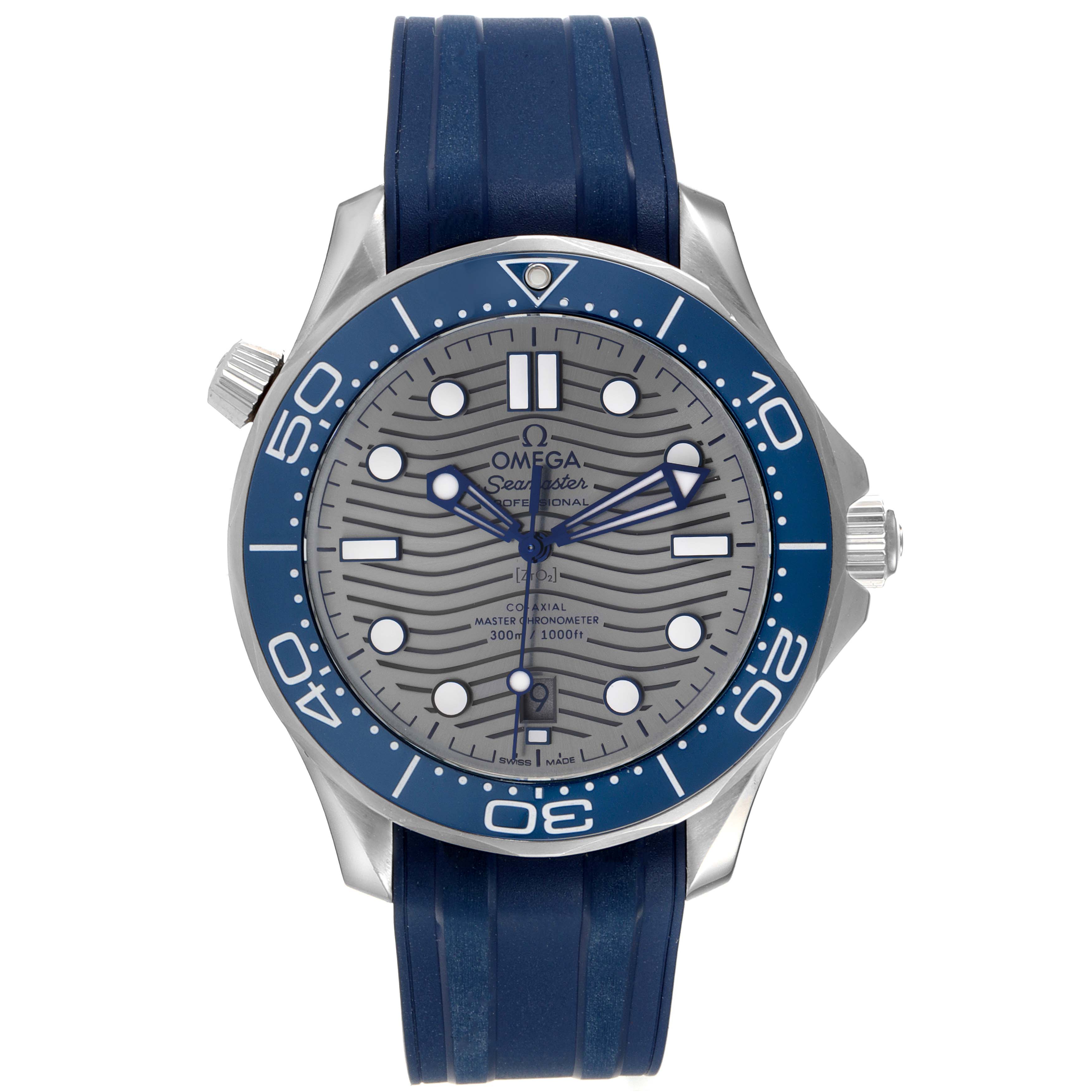This image shows a front view of the Omega Seamaster 210.32.42.20.06.001 Men
s Stainless Steel Grey Dial 210.32.42.20.06.001 Men
s Stainless Steel Grey Dial watch, highlighting its dial, bezel, and blue rubber strap.