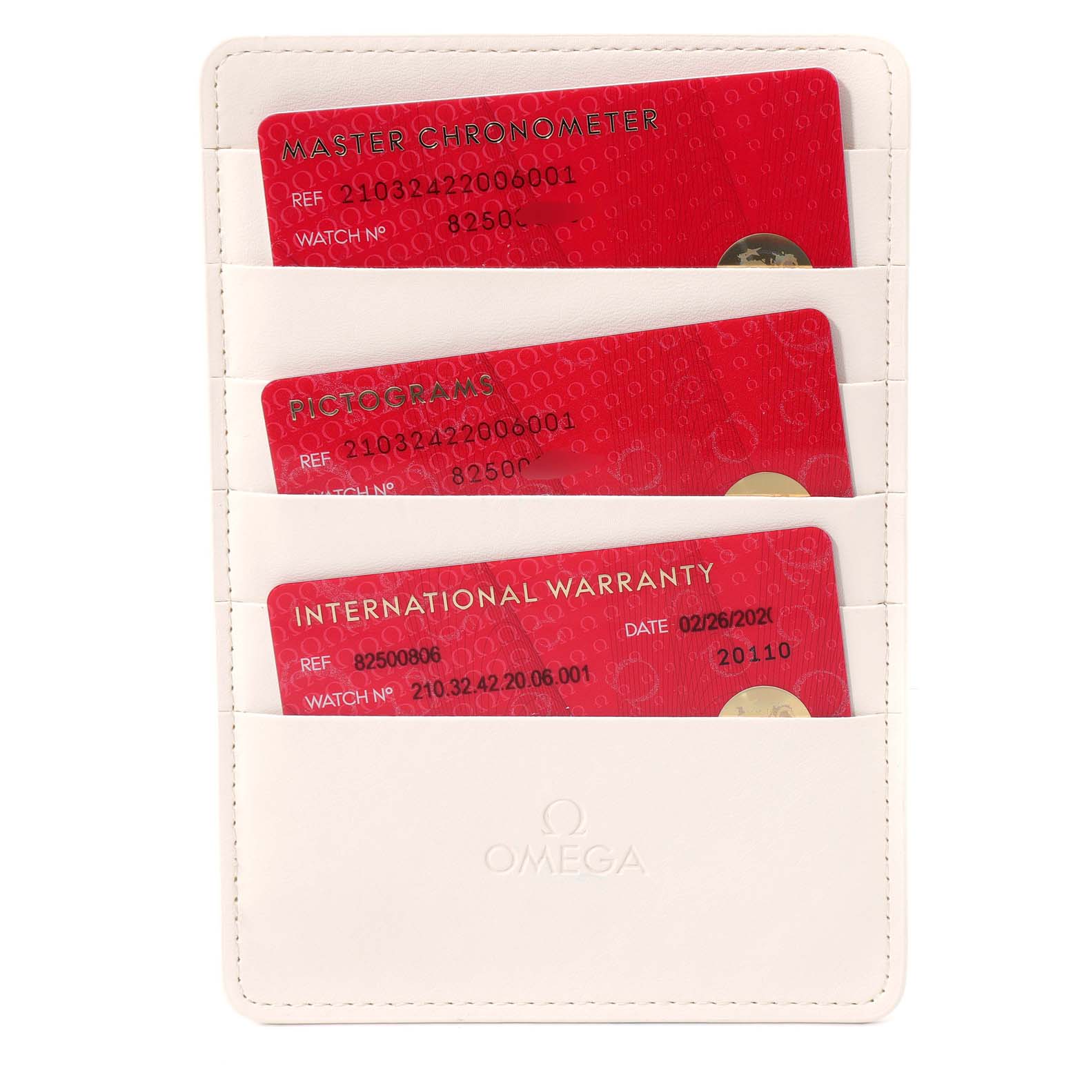 The image shows warranty and certification cards for the Omega Seamaster 210.32.42.20.06.001 Men
s Stainless Steel Grey Dial 210.32.42.20.06.001 Men
s Stainless Steel Grey Dial model, placed in a white cardholder.