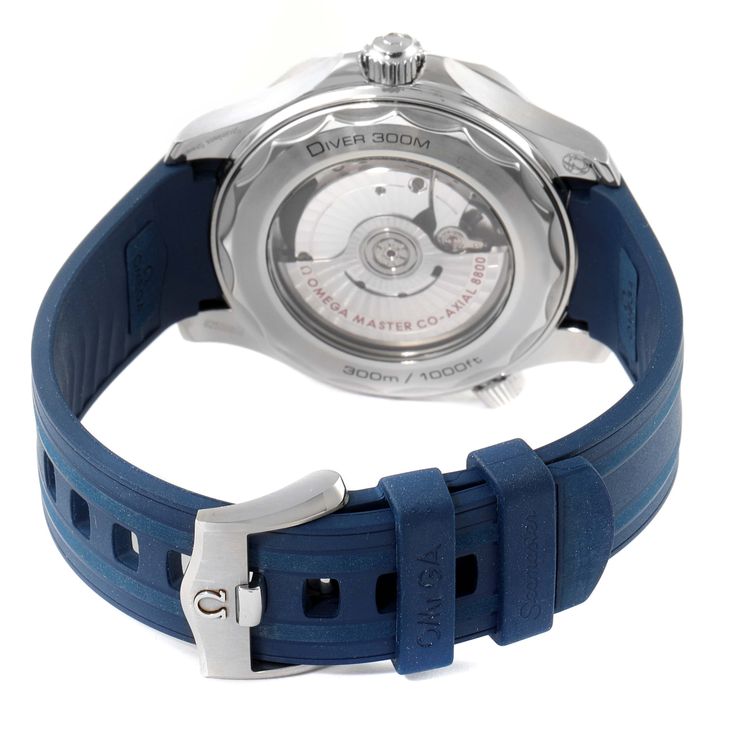 This image shows the back view of the Omega Seamaster 210.32.42.20.06.001 Men
s Stainless Steel Grey Dial 210.32.42.20.06.001 Men
s Stainless Steel Grey Dial watch, highlighting the movement and the blue rubber strap with a buckle.