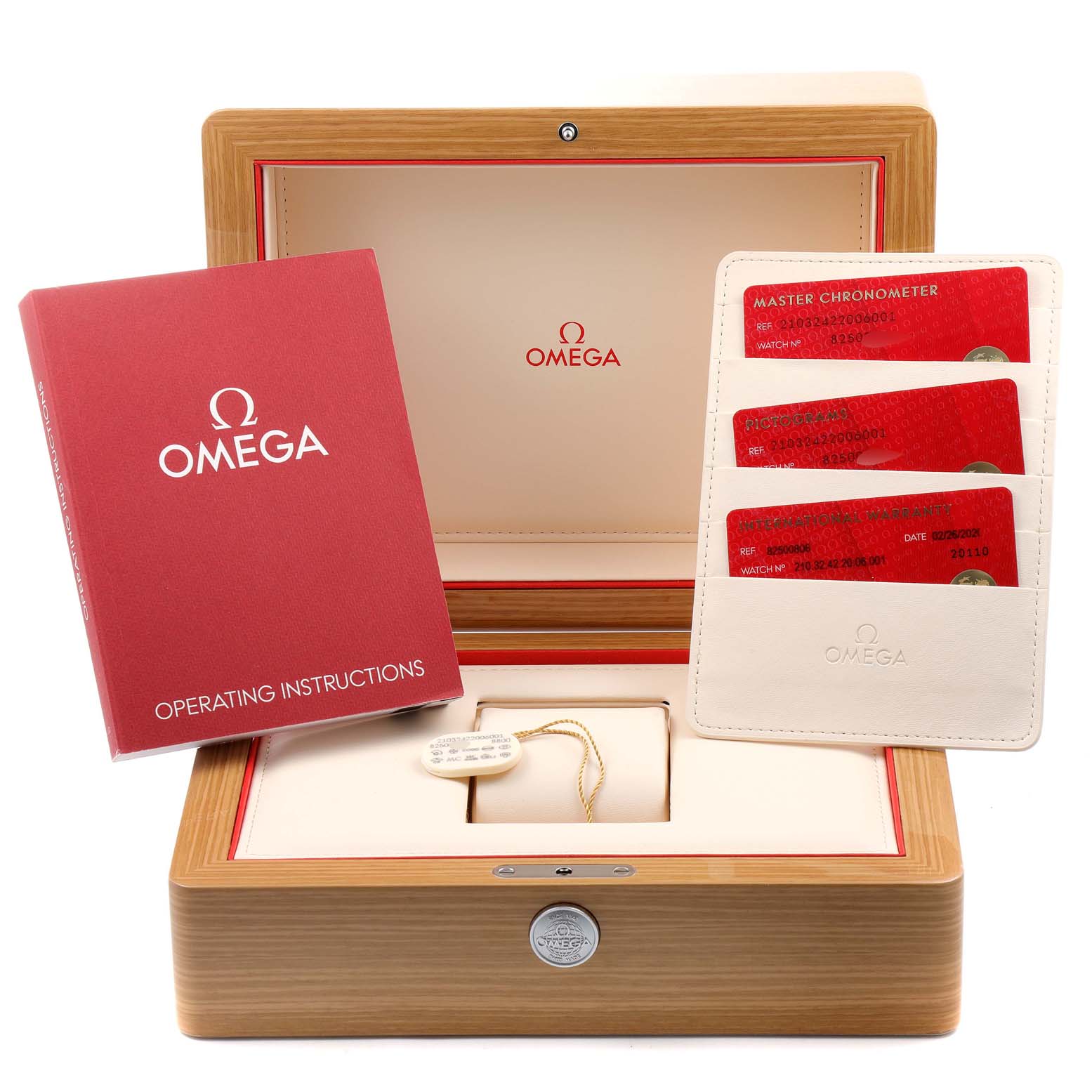 The image shows the Omega Seamaster 210.32.42.20.06.001 Men
s Stainless Steel Grey Dial 210.32.42.20.06.001 Men
s Stainless Steel Grey Dial packaging, including the watch box, operating instructions, and warranty cards.