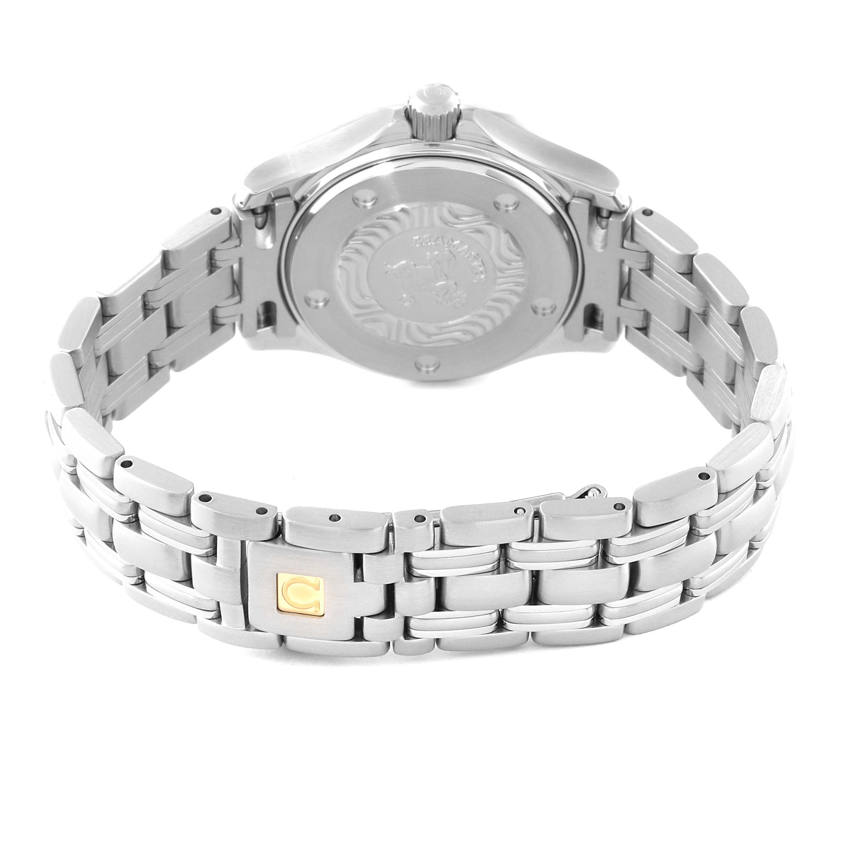 This image shows the back and bracelet of the Omega 2283.80.00 Women's Stainless Steel Blue Dial 2283.80.00 Women's Stainless Steel Blue Dial Seamaster Diver Quartz 28mm Steel Ladies Watch 2283.80.00.