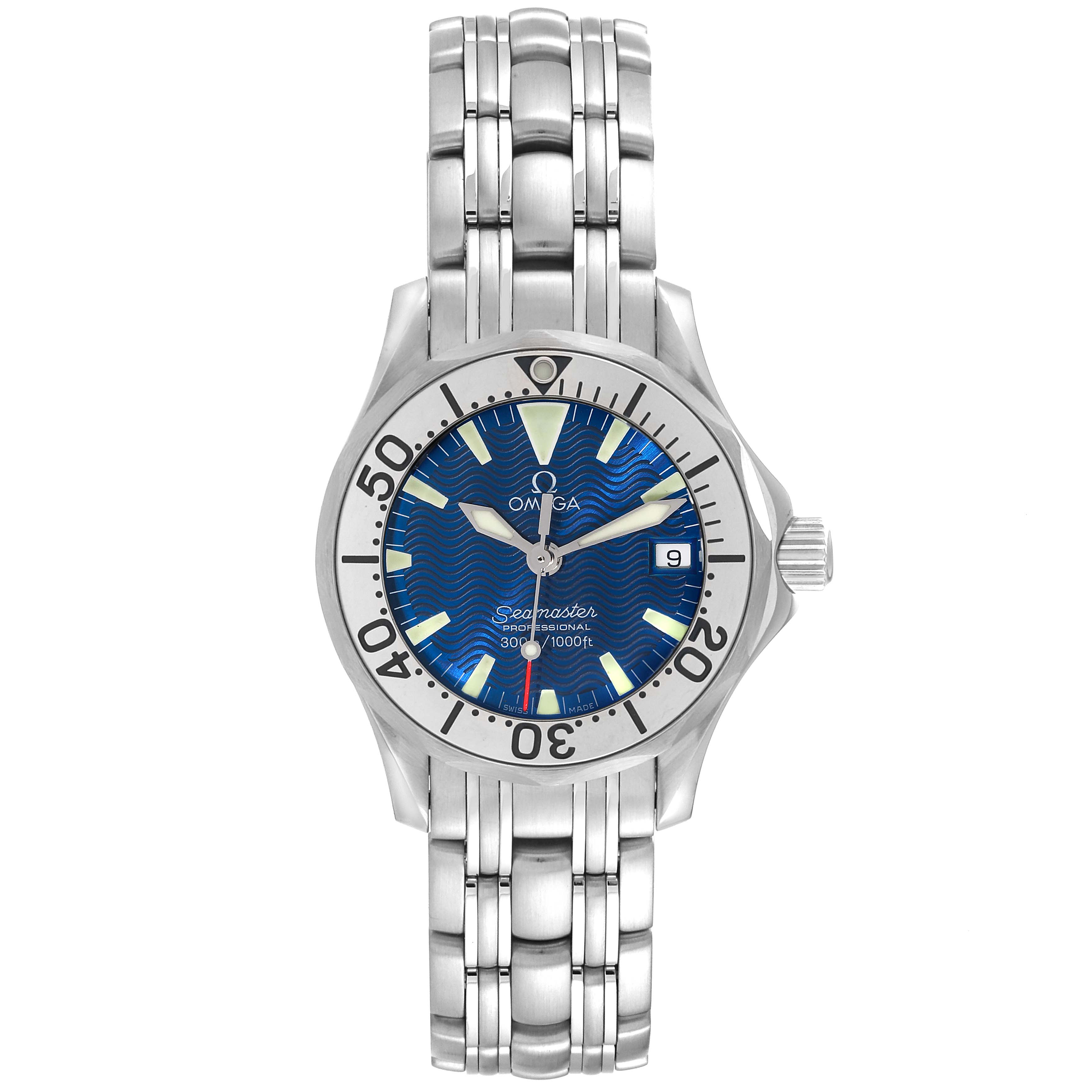 The image shows a front view of the Omega 2283.80.00 Women's Stainless Steel Blue Dial 2283.80.00 Women's Stainless Steel Blue Dial Seamaster Diver Quartz 28mm Steel Ladies Watch 2283.80.00, highlighting its blue dial and steel bracelet.