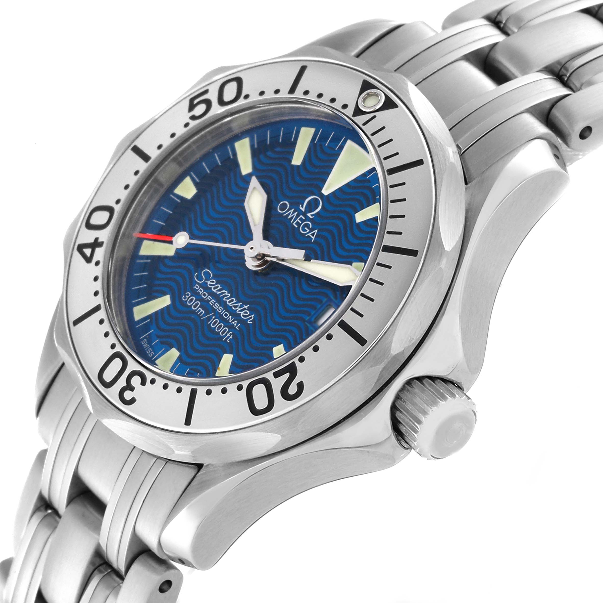 This image shows an angled close-up of the Omega 2283.80.00 Women's Stainless Steel Blue Dial 2283.80.00 Women's Stainless Steel Blue Dial Seamaster Diver Quartz 28mm Steel Ladies Watch 2283.80.00, highlighting the dial and bezel.