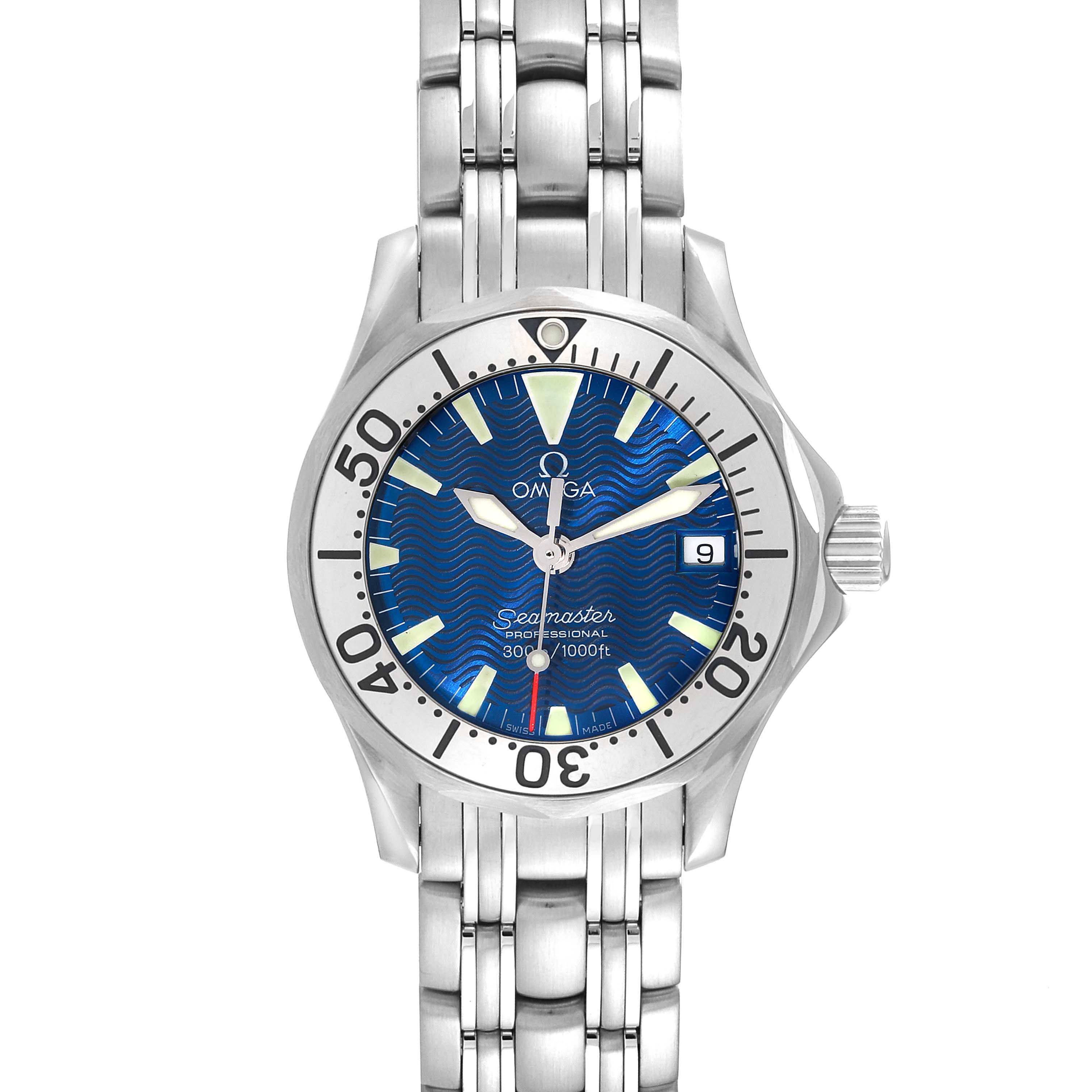 The image shows a frontal view of the Omega 2283.80.00 Women's Stainless Steel Blue Dial 2283.80.00 Women's Stainless Steel Blue Dial Seamaster Diver Quartz 28mm Steel Ladies Watch, model 2283.80.00.