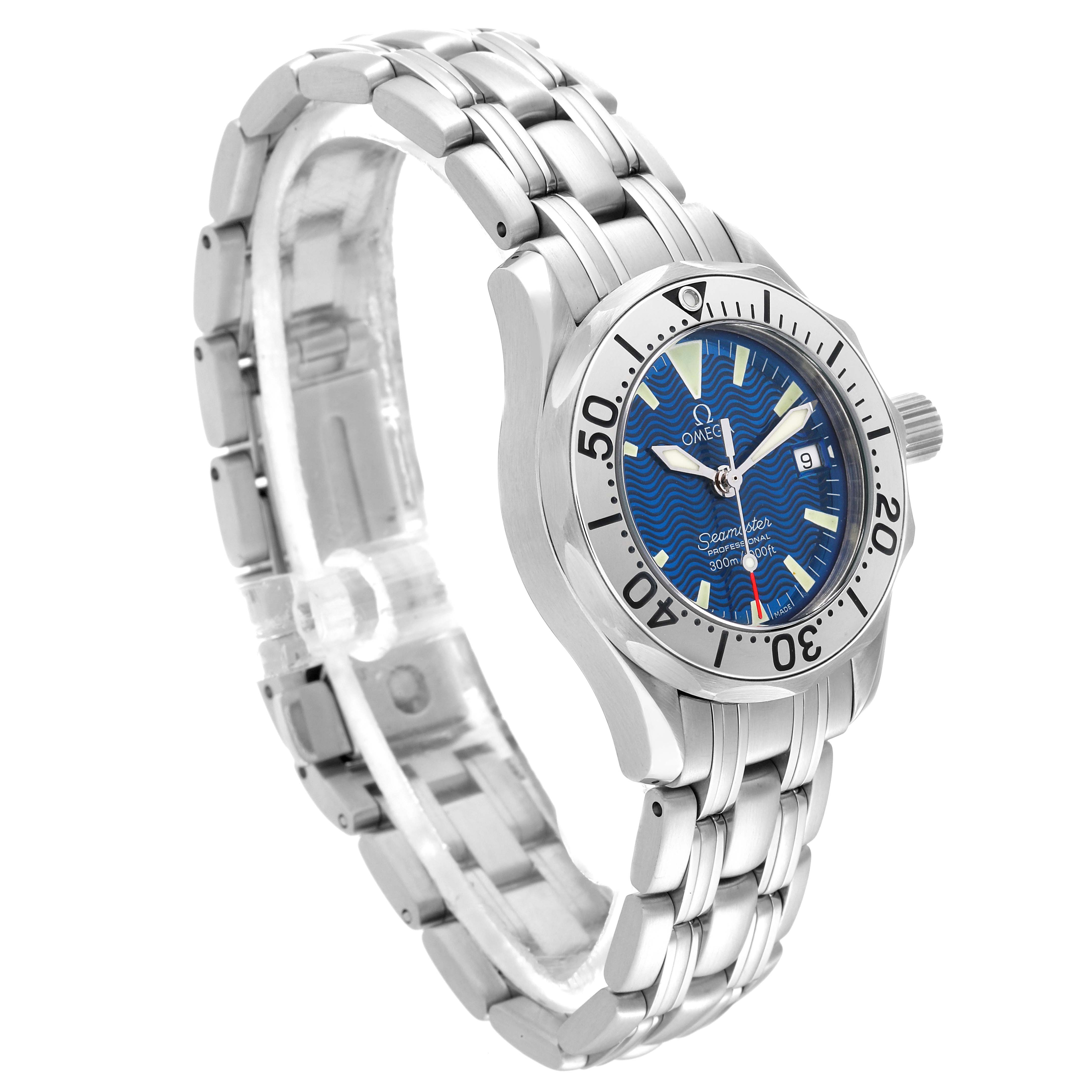 The image shows an angled view of the Omega 2283.80.00 Women's Stainless Steel Blue Dial 2283.80.00 Women's Stainless Steel Blue Dial Seamaster Diver Quartz 28mm Steel Ladies Watch model 2283.80.00, highlighting the bezel, dial, and bracelet.