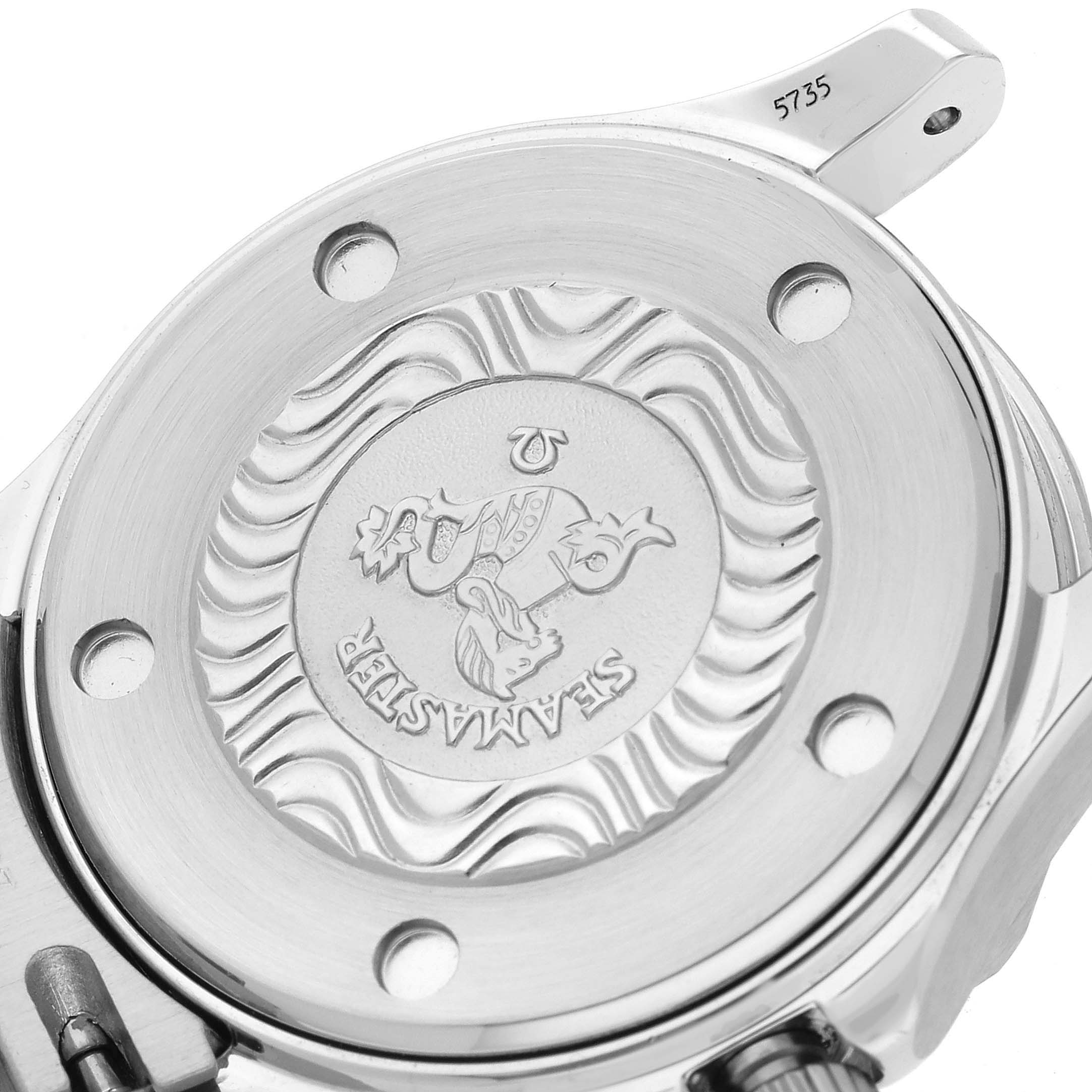 The image shows the caseback of the Omega 2283.80.00 Women's Stainless Steel Blue Dial 2283.80.00 Women's Stainless Steel Blue Dial Seamaster Diver Quartz 28mm Steel Ladies Watch model 2283.80.00.