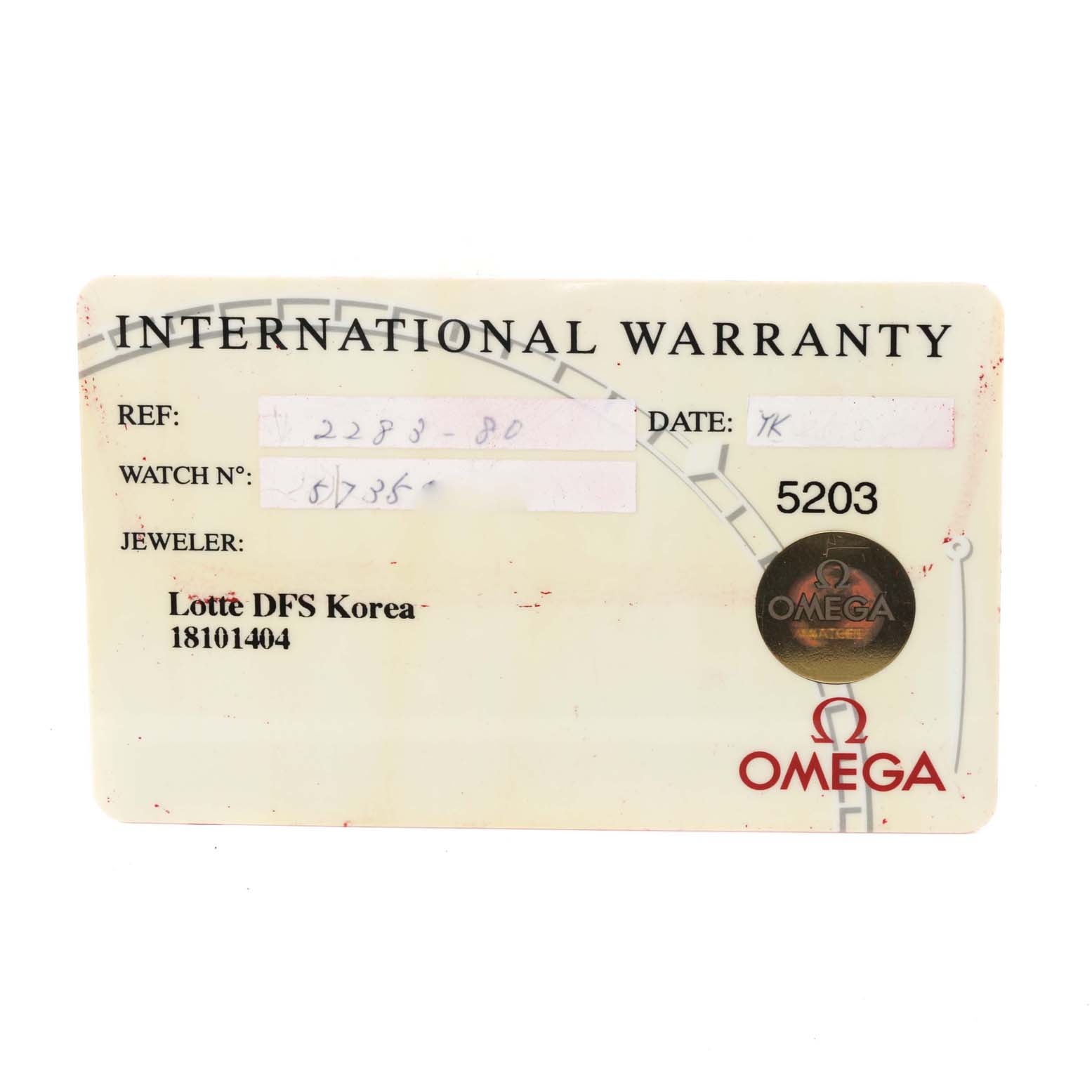 This image shows the International Warranty card for the Omega 2283.80.00 Women's Stainless Steel Blue Dial 2283.80.00 Women's Stainless Steel Blue Dial Seamaster Diver Quartz 28mm Steel Ladies Watch model 2283.80.00.