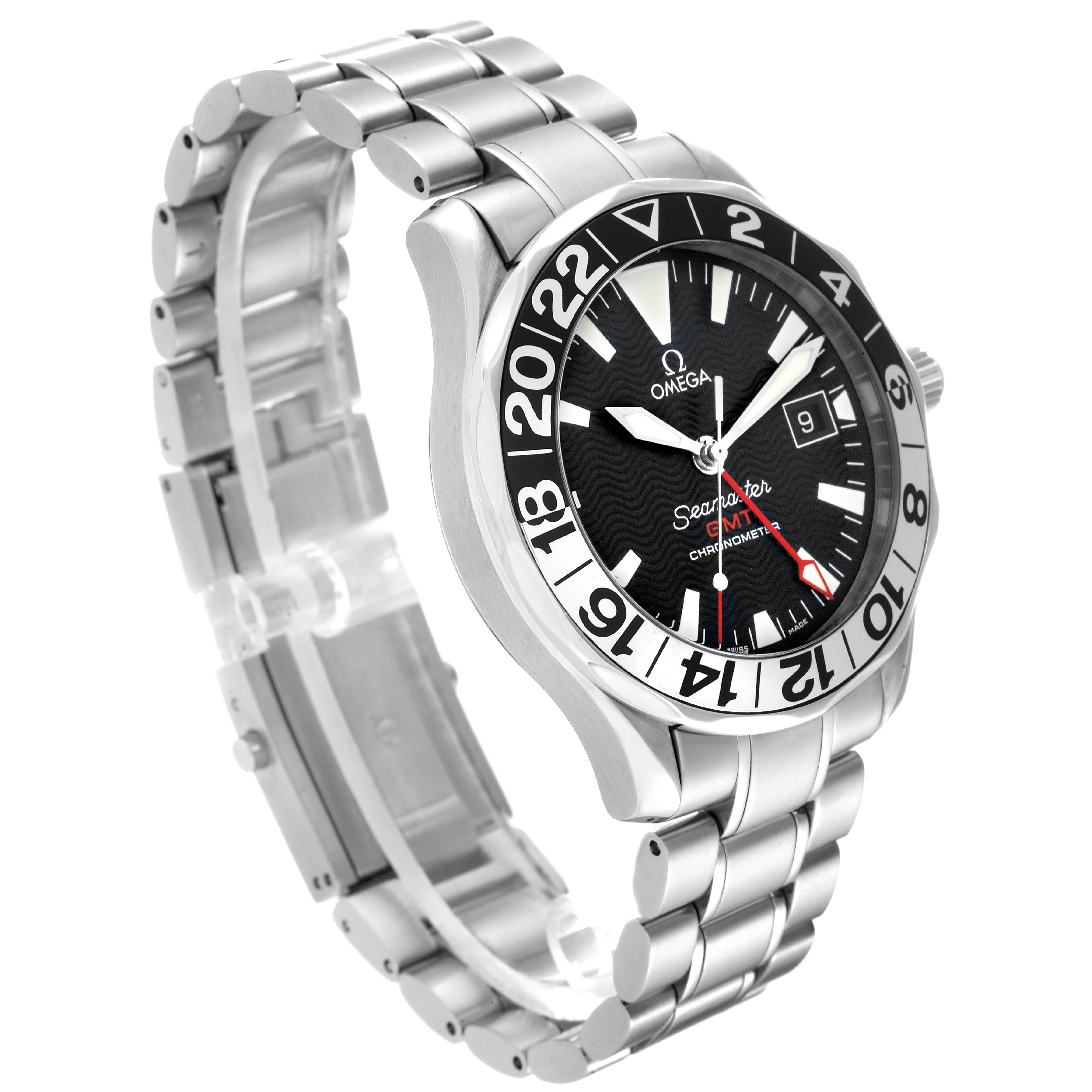 This Omega Seamaster 2536.50.00 Men
s Stainless Steel Black Dial 2536.50.00 Men
s Stainless Steel Black Dial watch is shown at a three-quarter angle, displaying its dial, bezel, crown, and stainless steel bracelet.