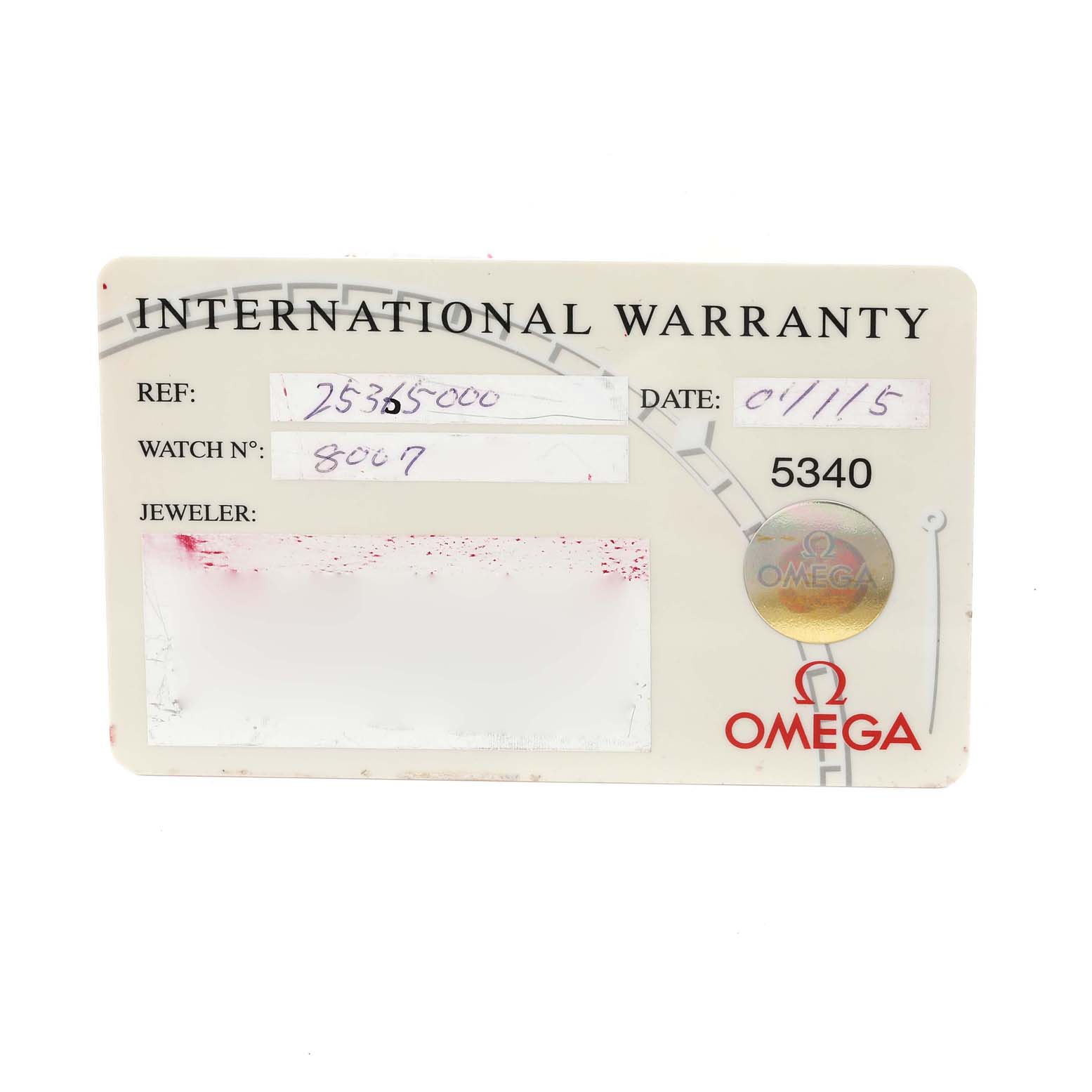 This image shows an Omega Seamaster 2536.50.00 Men
s Stainless Steel Black Dial 2536.50.00 Men
s Stainless Steel Black Dial model
s International Warranty card from a front-facing angle.