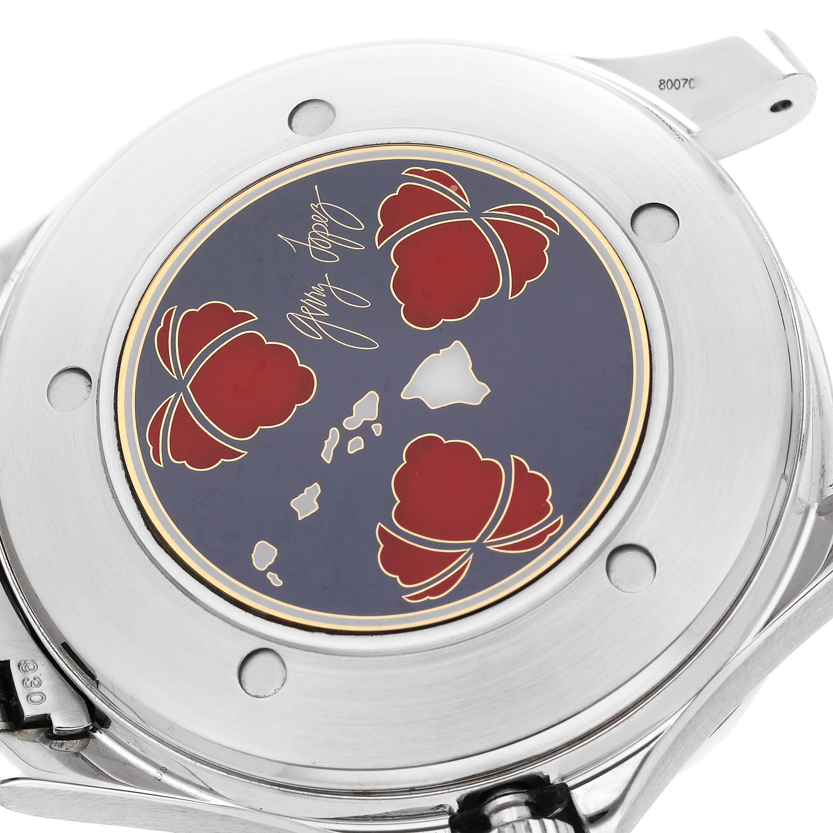 The image shows the decorated case back of the Omega Seamaster 2536.50.00 Men
s Stainless Steel Black Dial 2536.50.00 Men
s Stainless Steel Black Dial watch with a unique design and signature.