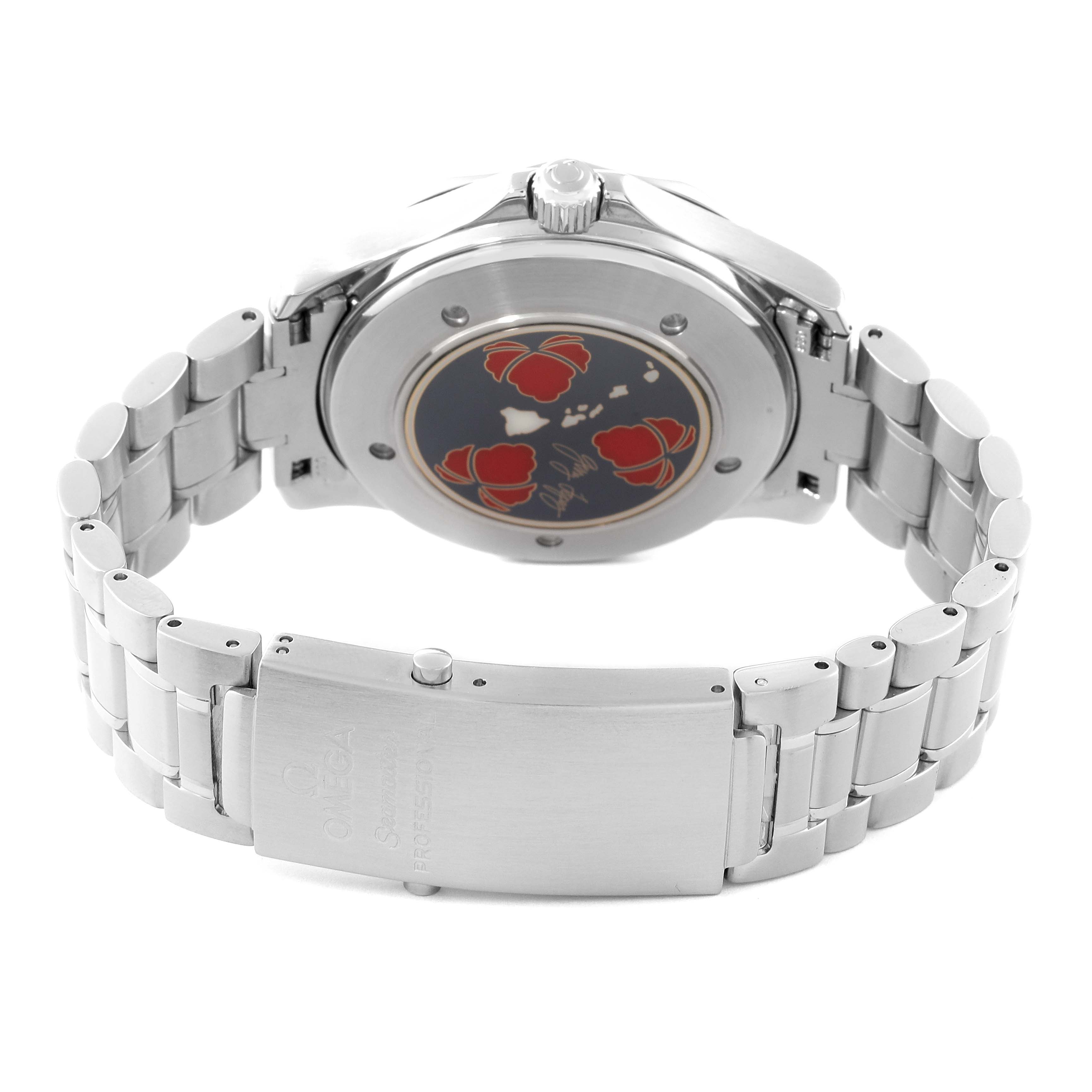 The image shows the back view of an Omega Seamaster 2536.50.00 Men
s Stainless Steel Black Dial 2536.50.00 Men
s Stainless Steel Black Dial watch, highlighting its stainless steel bracelet and decorated case back.