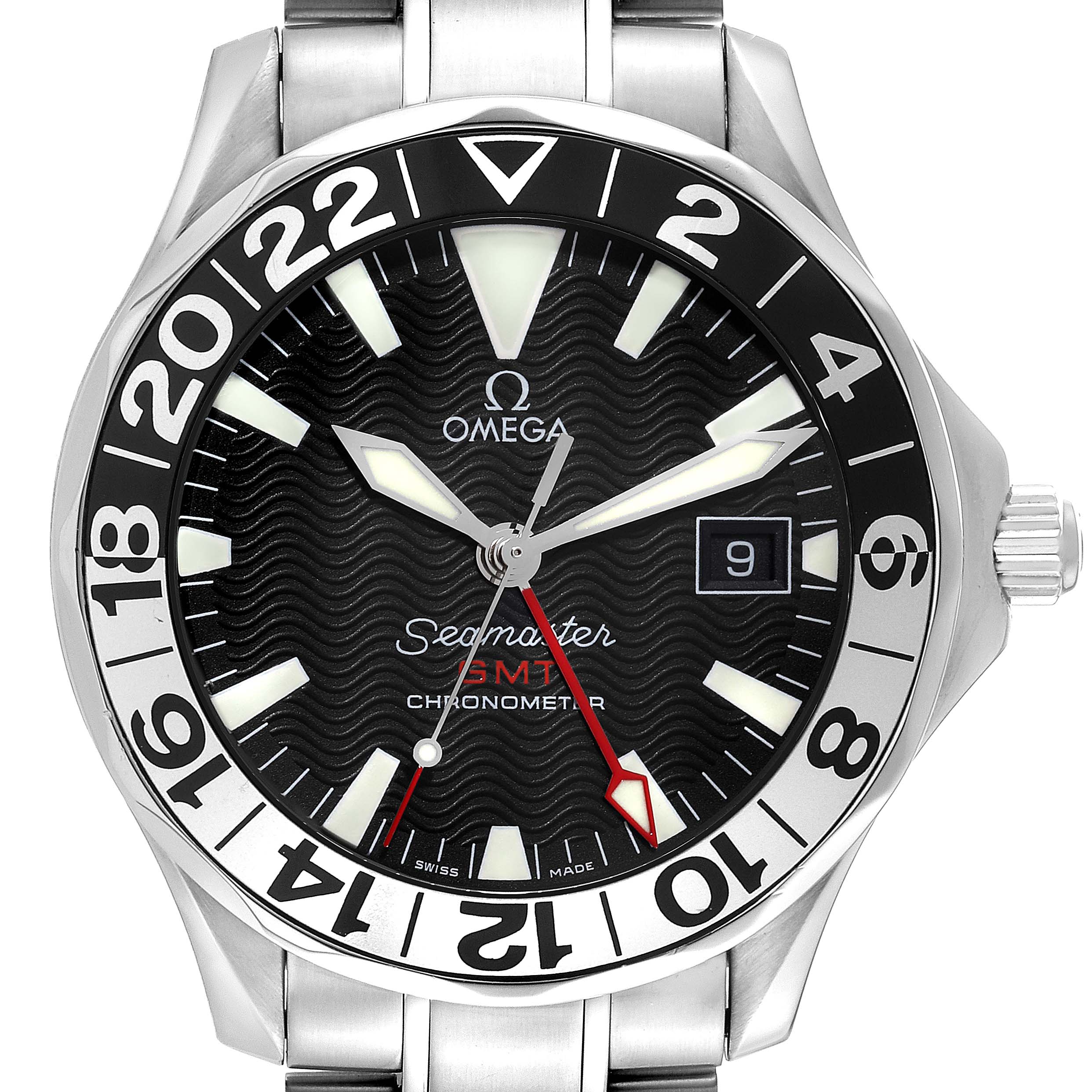 The image shows a frontal view of the Omega Seamaster 2536.50.00 Men
s Stainless Steel Black Dial 2536.50.00 Men
s Stainless Steel Black Dial GMT Chronometer watch dial, bezel, and a part of the stainless steel bracelet.