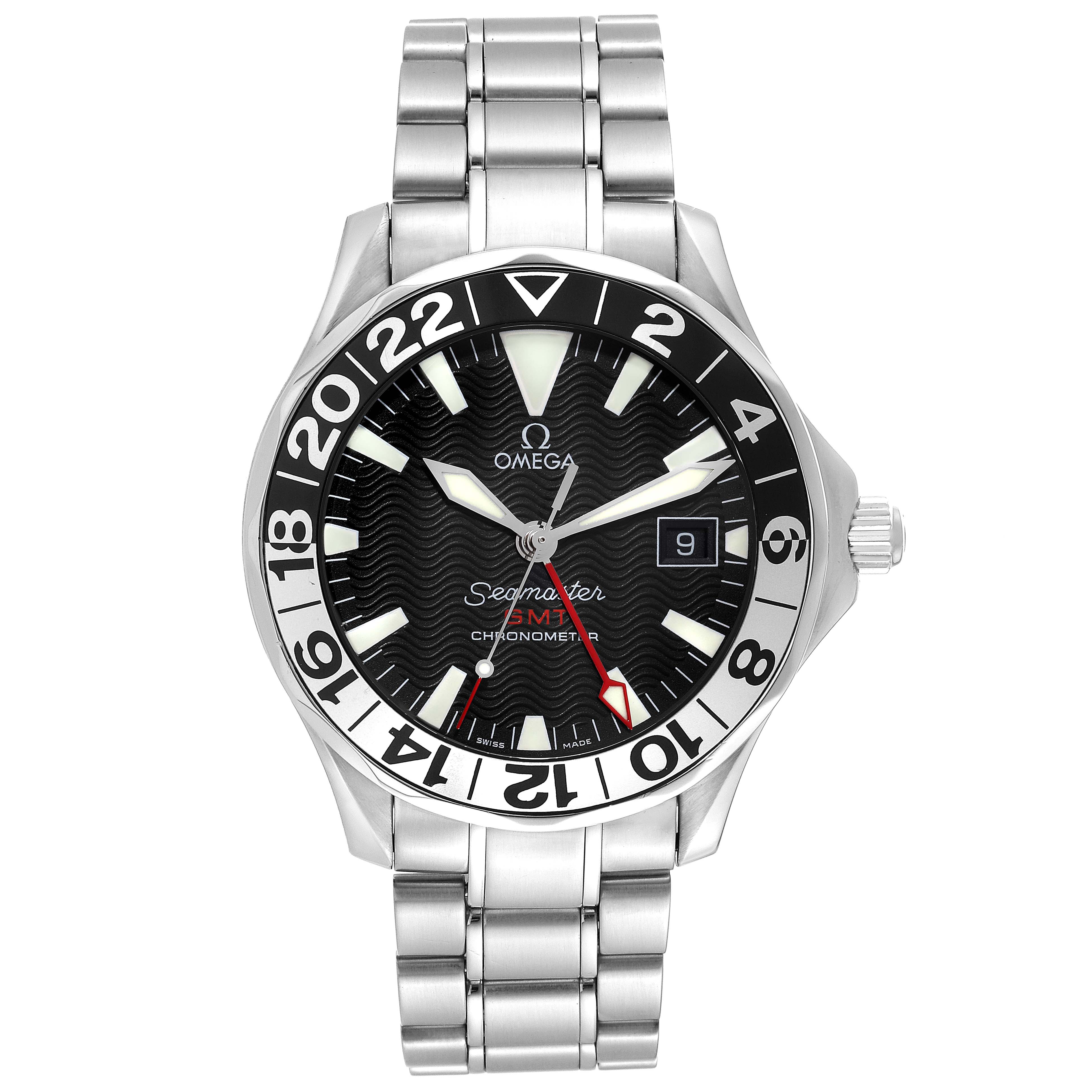 The image shows the front view of an Omega Seamaster 2536.50.00 Men
s Stainless Steel Black Dial 2536.50.00 Men
s Stainless Steel Black Dial watch, highlighting its face, bezel, bracelet, and crown.