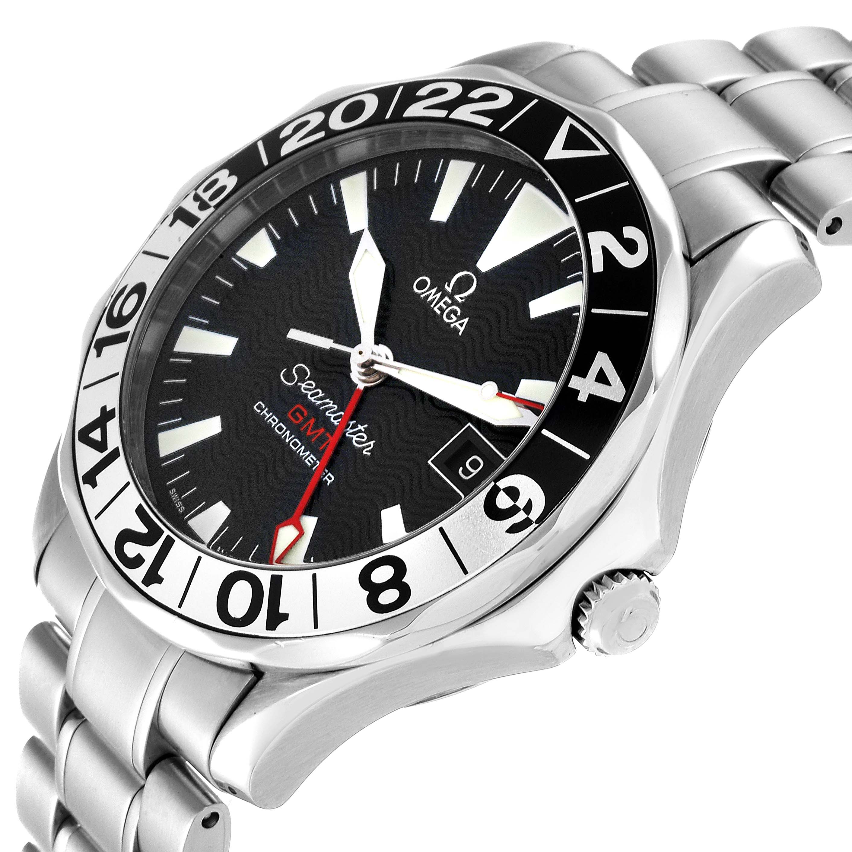 The image shows an angled side view of the Omega Seamaster 2536.50.00 Men
s Stainless Steel Black Dial 2536.50.00 Men
s Stainless Steel Black Dial watch, highlighting the dial, bezel, crown, and bracelet.