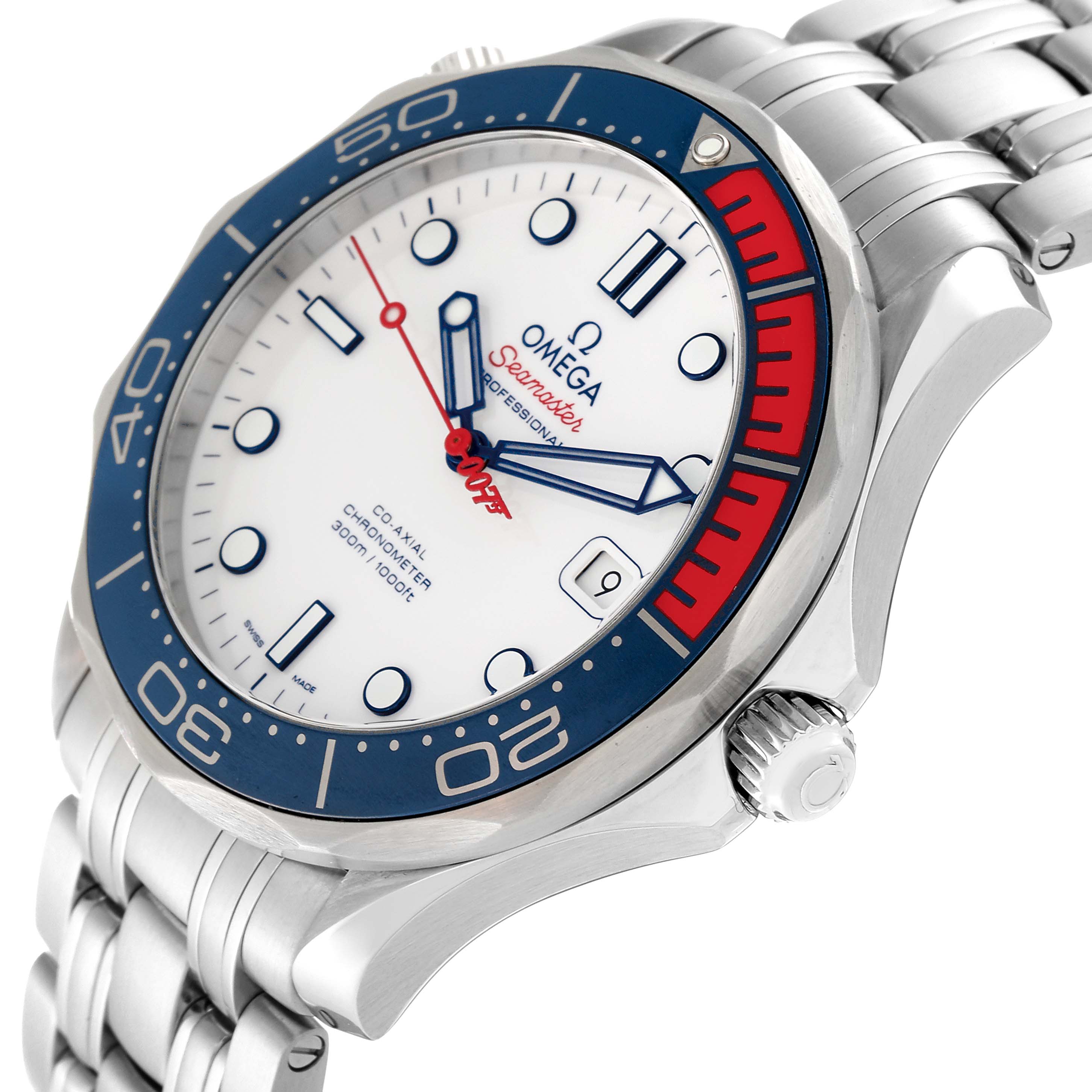 The image shows a close-up angle of the dial, bezel, and bracelet of an Omega Seamaster 212.32.41.20.04.001 Men's Stainless Steel White Dial 212.32.41.20.04.001 Men's Stainless Steel White Dial watch.