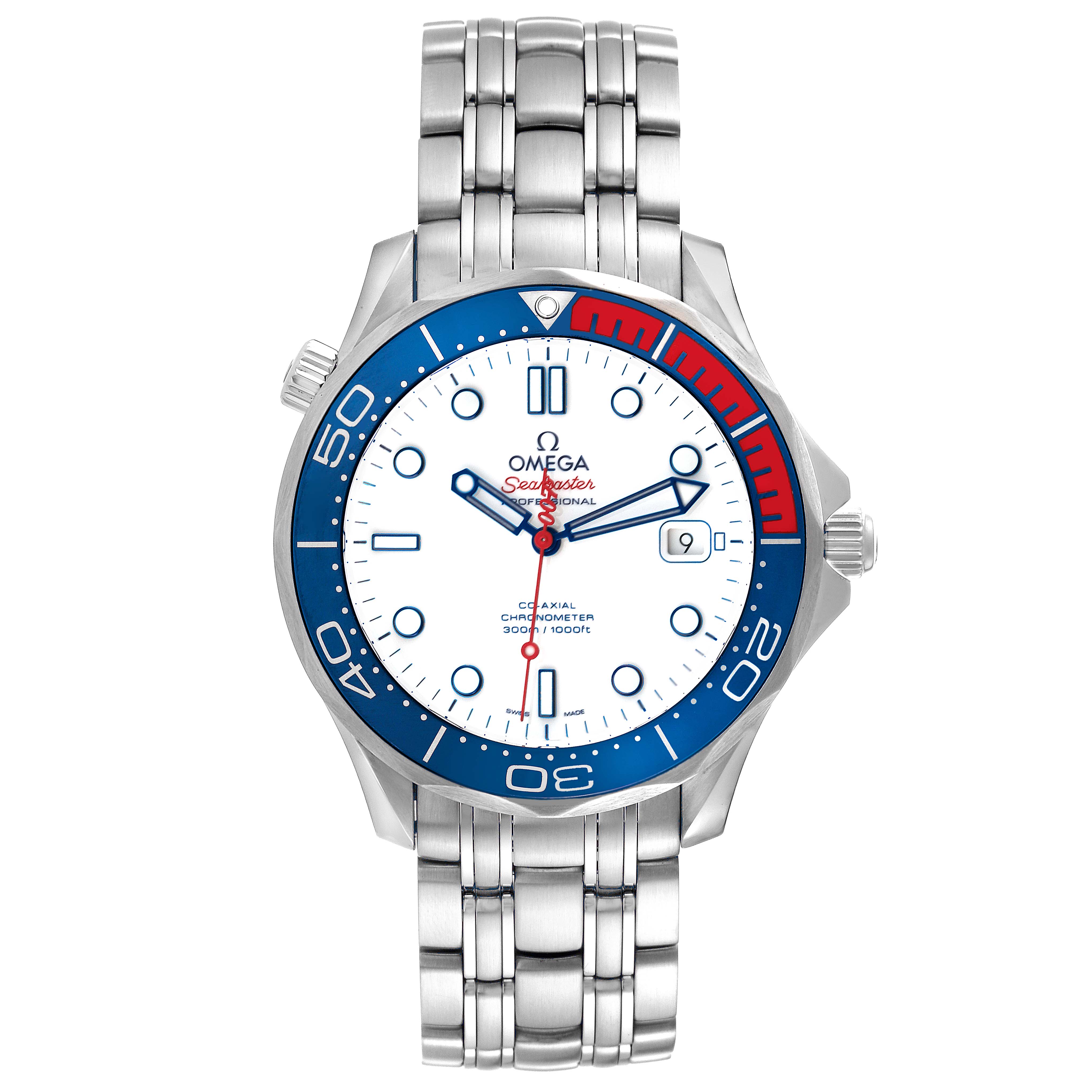 This image shows a front view of the Omega Seamaster 212.32.41.20.04.001 Men's Stainless Steel White Dial 212.32.41.20.04.001 Men's Stainless Steel White Dial watch, featuring its bezel, dial, and stainless steel bracelet.