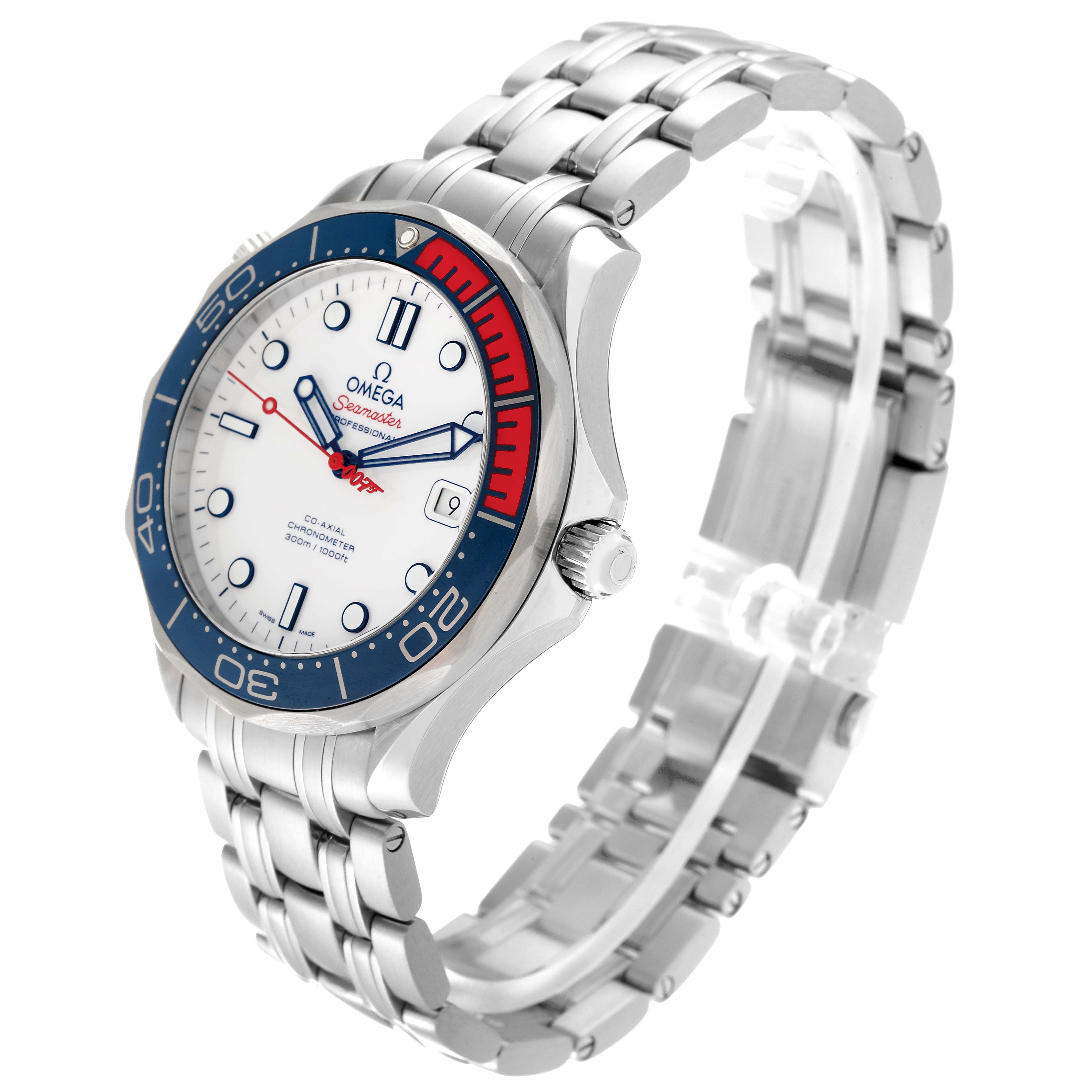 The image shows a stainless steel Omega Seamaster 212.32.41.20.04.001 Men's Stainless Steel White Dial 212.32.41.20.04.001 Men's Stainless Steel White Dial watch at an angle displaying its face, bezel, case, and bracelet.