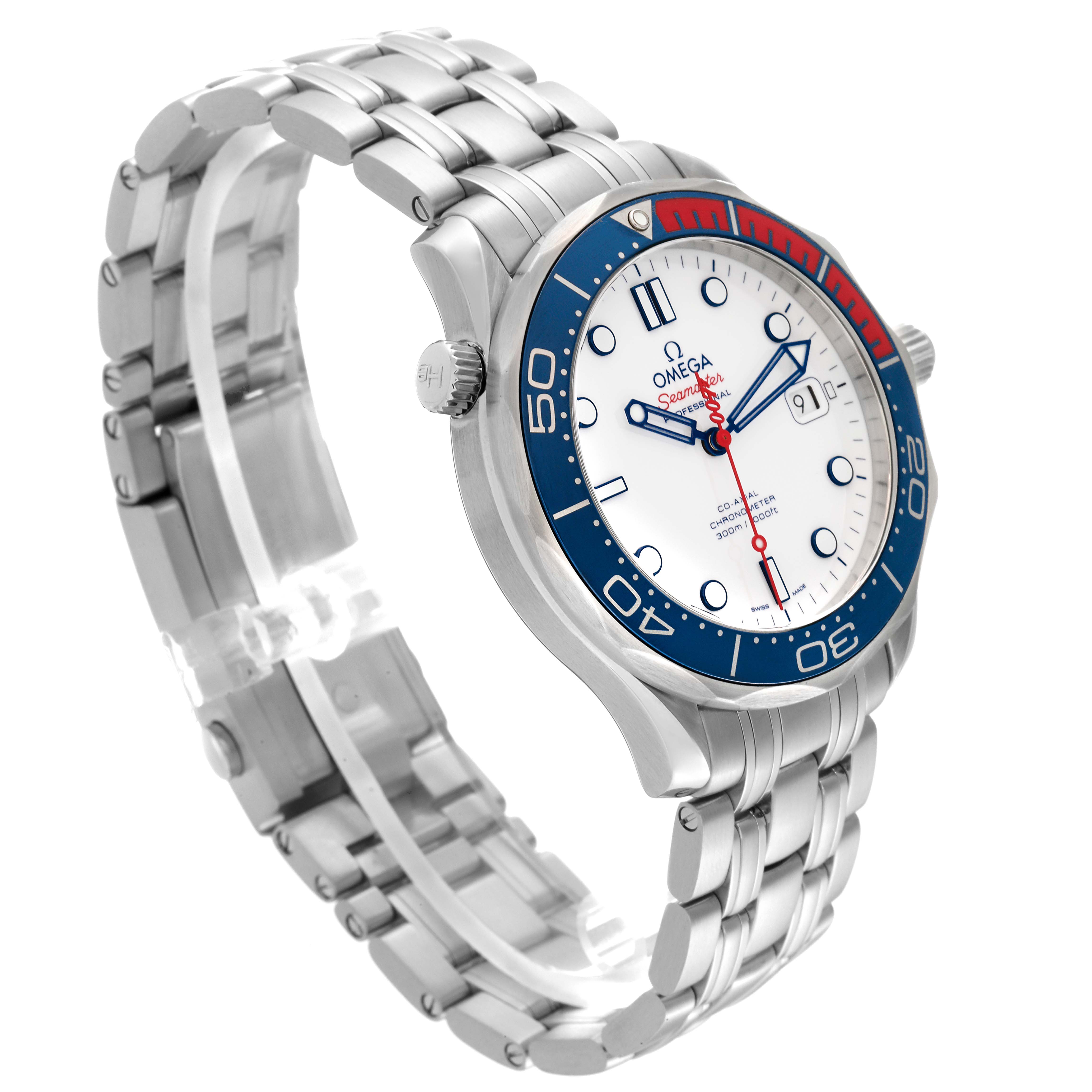 This image shows an angled view of an Omega Seamaster 212.32.41.20.04.001 Men's Stainless Steel White Dial 212.32.41.20.04.001 Men's Stainless Steel White Dial watch displaying its face, bezel, crown, and stainless steel bracelet.