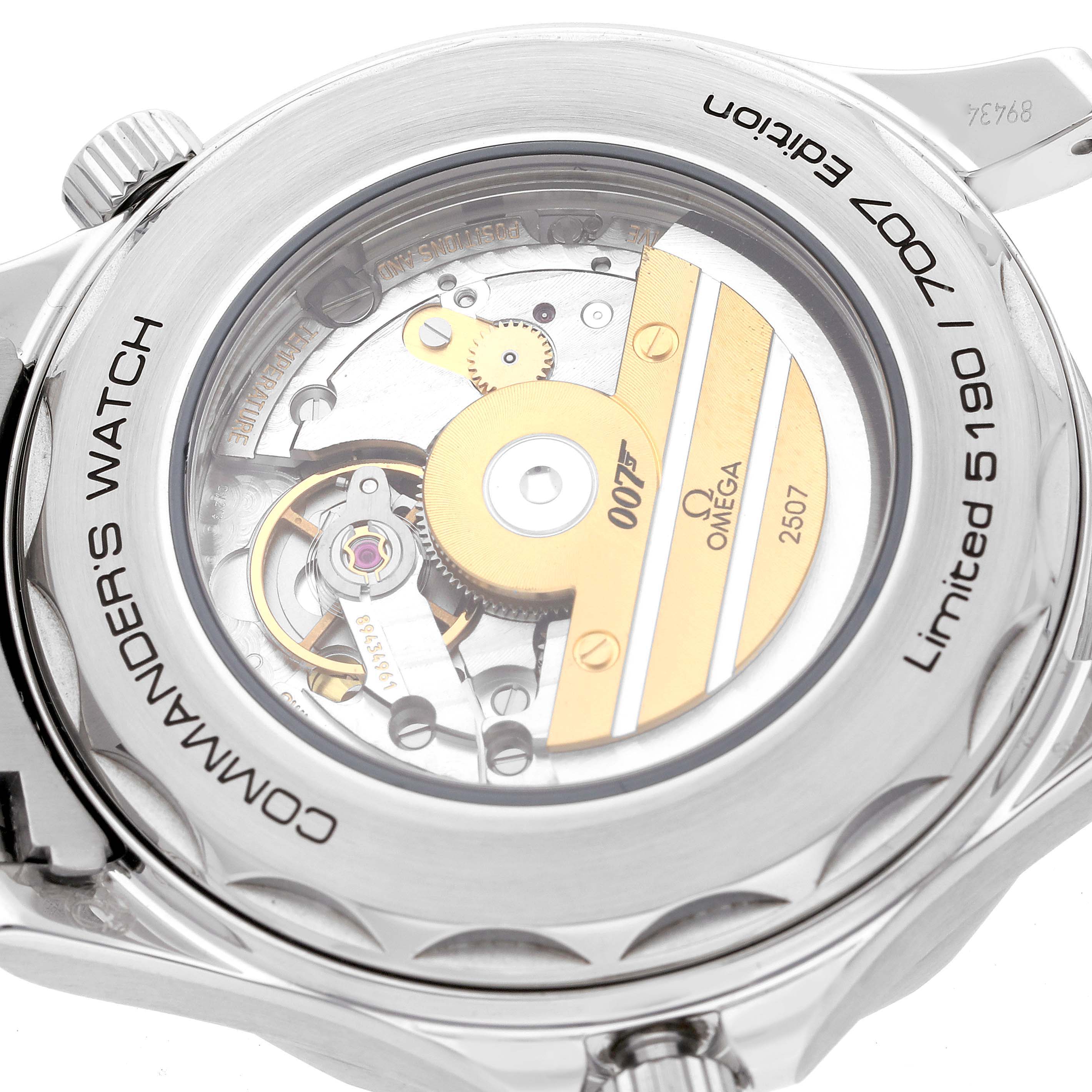 This image shows the back of the Omega Seamaster 212.32.41.20.04.001 Men's Stainless Steel White Dial 212.32.41.20.04.001 Men's Stainless Steel White Dial watch, displaying its intricate movement and limited edition engraving.