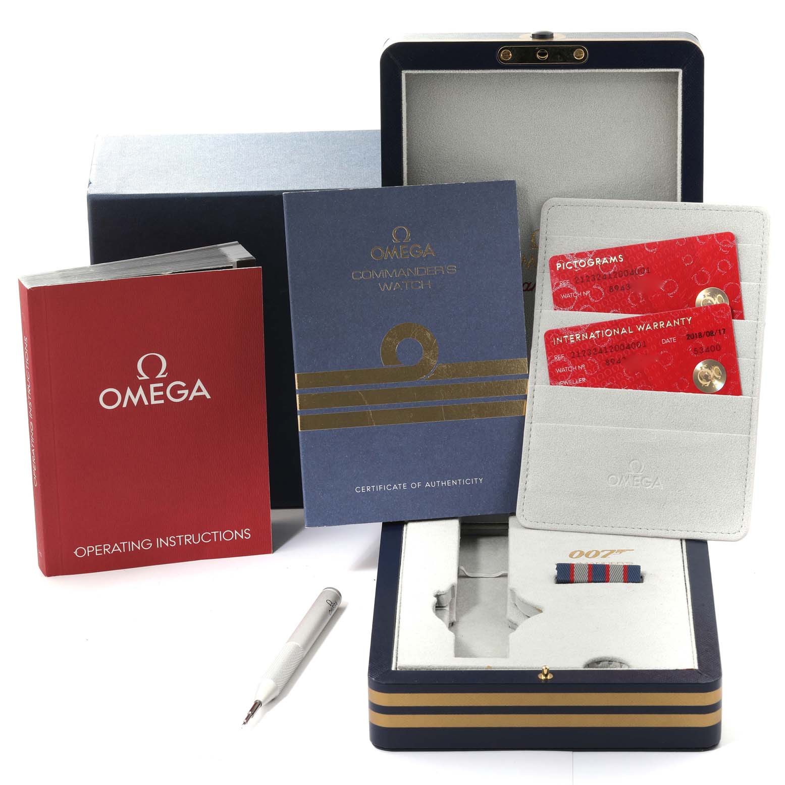 The image shows the Omega Seamaster 212.32.41.20.04.001 Men's Stainless Steel White Dial 212.32.41.20.04.001 Men's Stainless Steel White Dial watch box, instruction booklets, warranty cards, and watch strap accessories.
