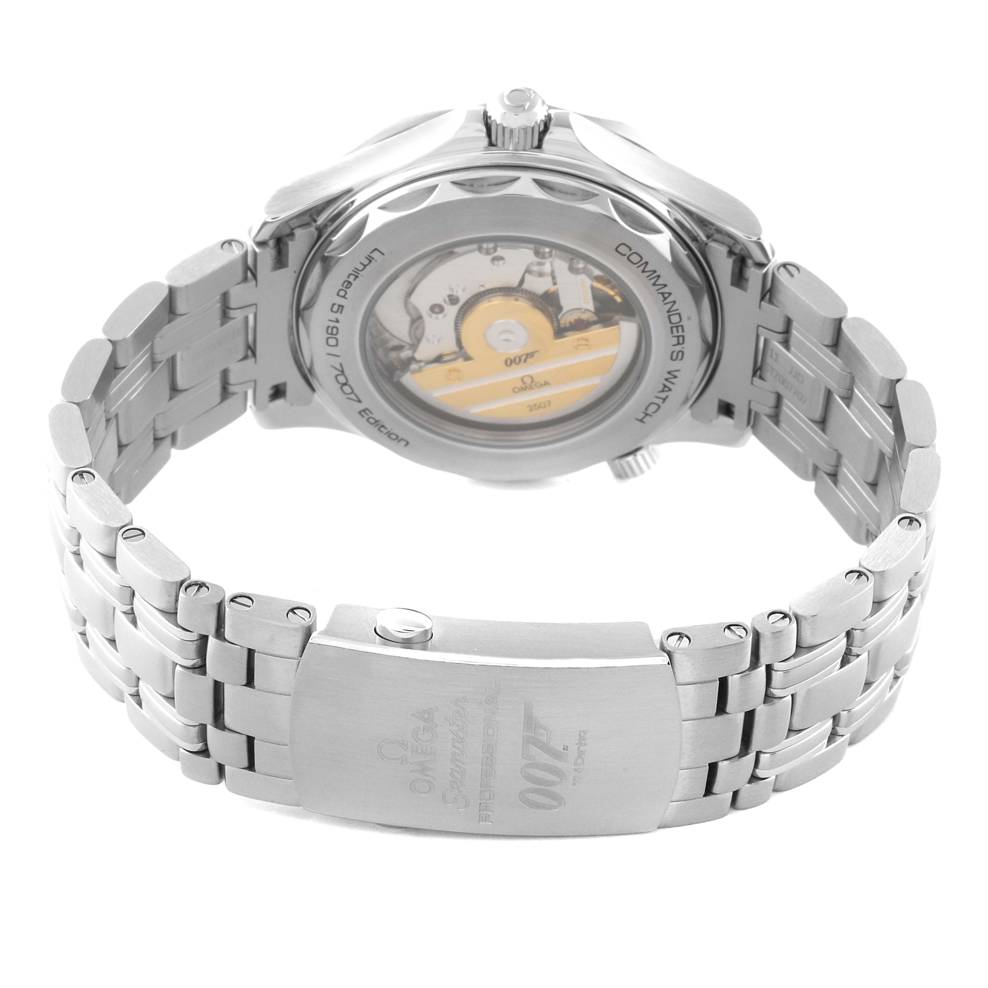 The image shows the back view of an Omega Seamaster 212.32.41.20.04.001 Men's Stainless Steel White Dial 212.32.41.20.04.001 Men's Stainless Steel White Dial watch, highlighting the bracelet and the transparent case back.