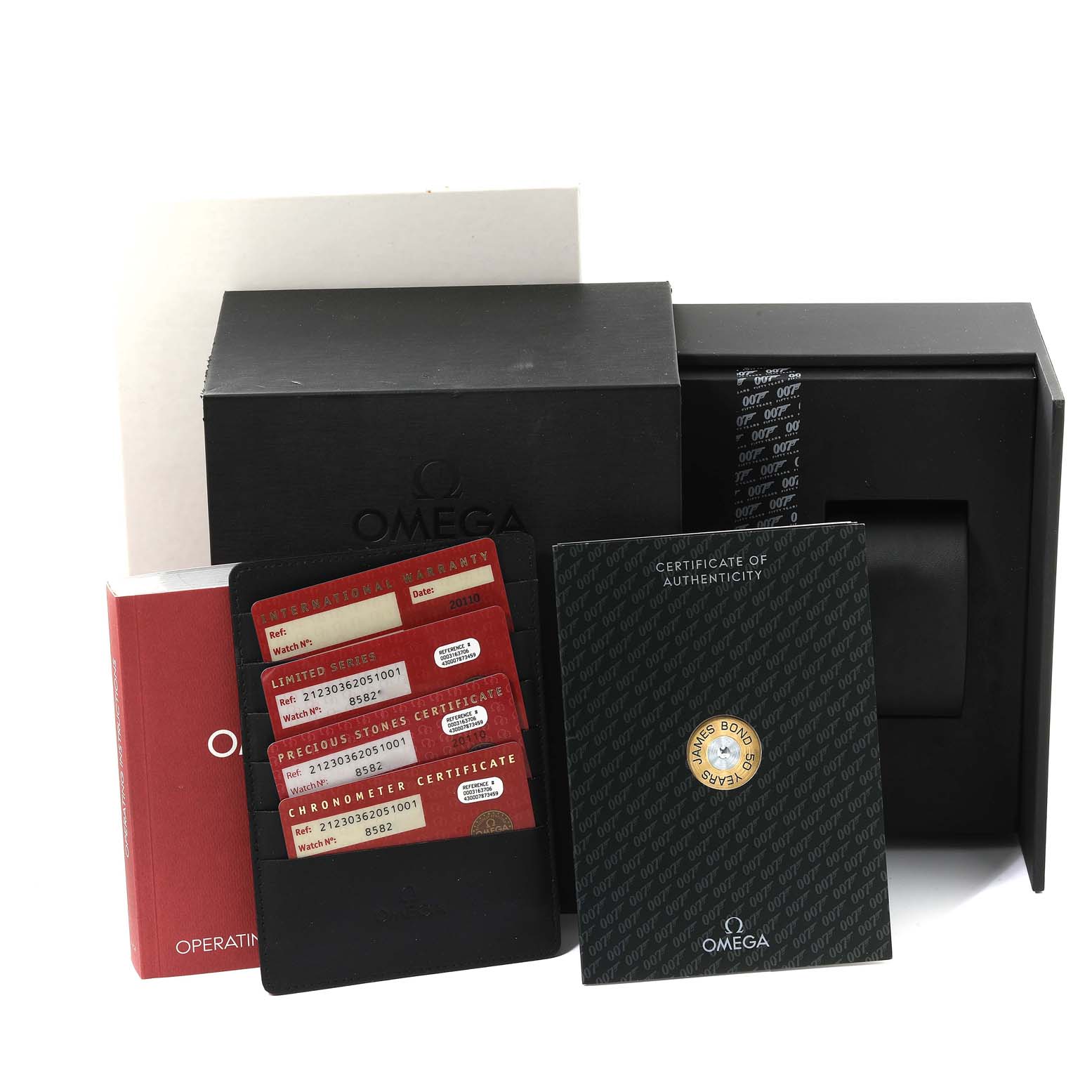 This image shows the Omega Seamaster 212.30.36.20.51.001 Men's Stainless Steel Black Dial 212.30.36.20.51.001 Men's Stainless Steel Black Dial packaging, including warranty cards, a certificate of authenticity, and an operating manual.