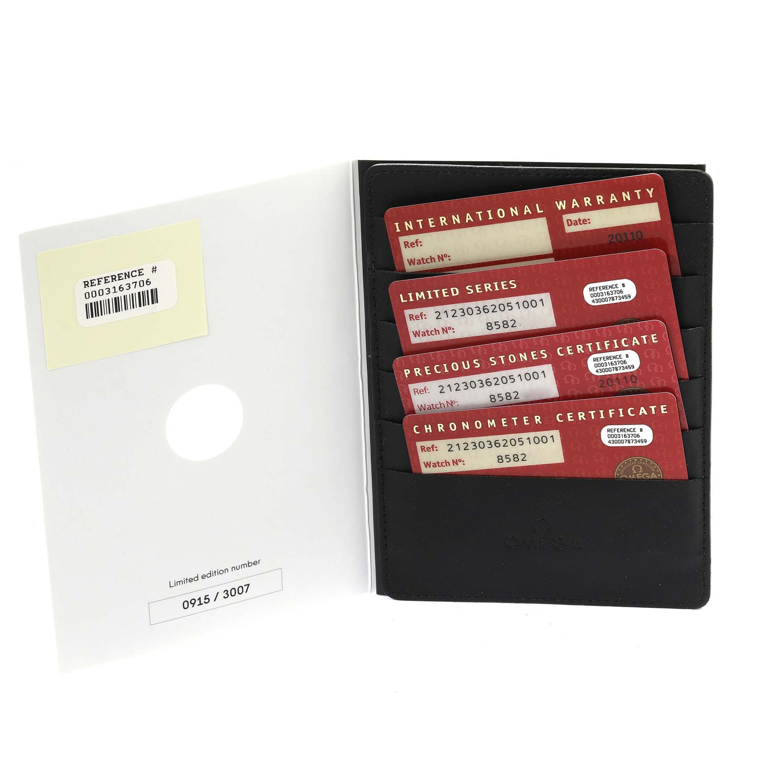 The image shows authentication and warranty cards for the Omega Seamaster 212.30.36.20.51.001 Men's Stainless Steel Black Dial 212.30.36.20.51.001 Men's Stainless Steel Black Dial model, displayed in a black cardholder.