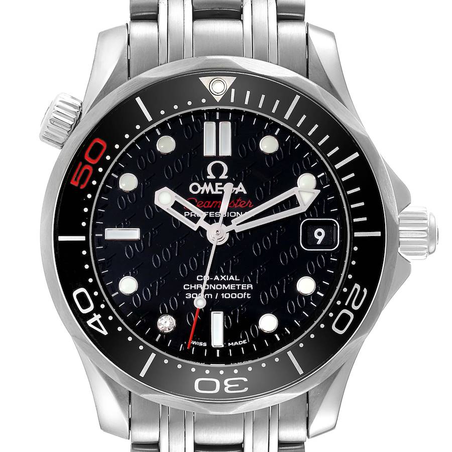 The image shows a front view of an Omega Seamaster watch, highlighting its face, bezel, and part of the metal strap.