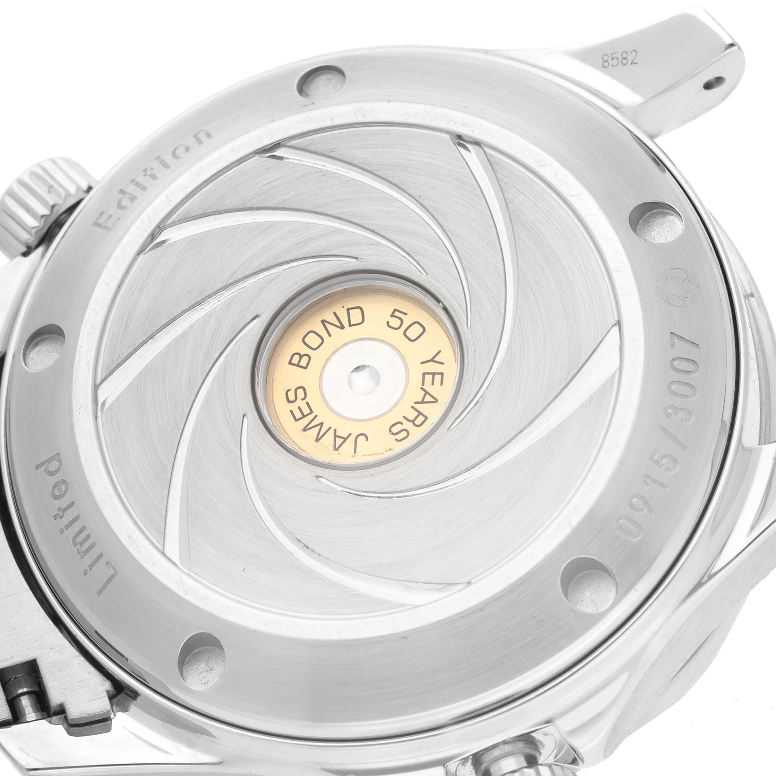 This image shows the case back of the Omega Seamaster 212.30.36.20.51.001 Men's Stainless Steel Black Dial 212.30.36.20.51.001 Men's Stainless Steel Black Dial James Bond 50 Years Limited Edition watch.