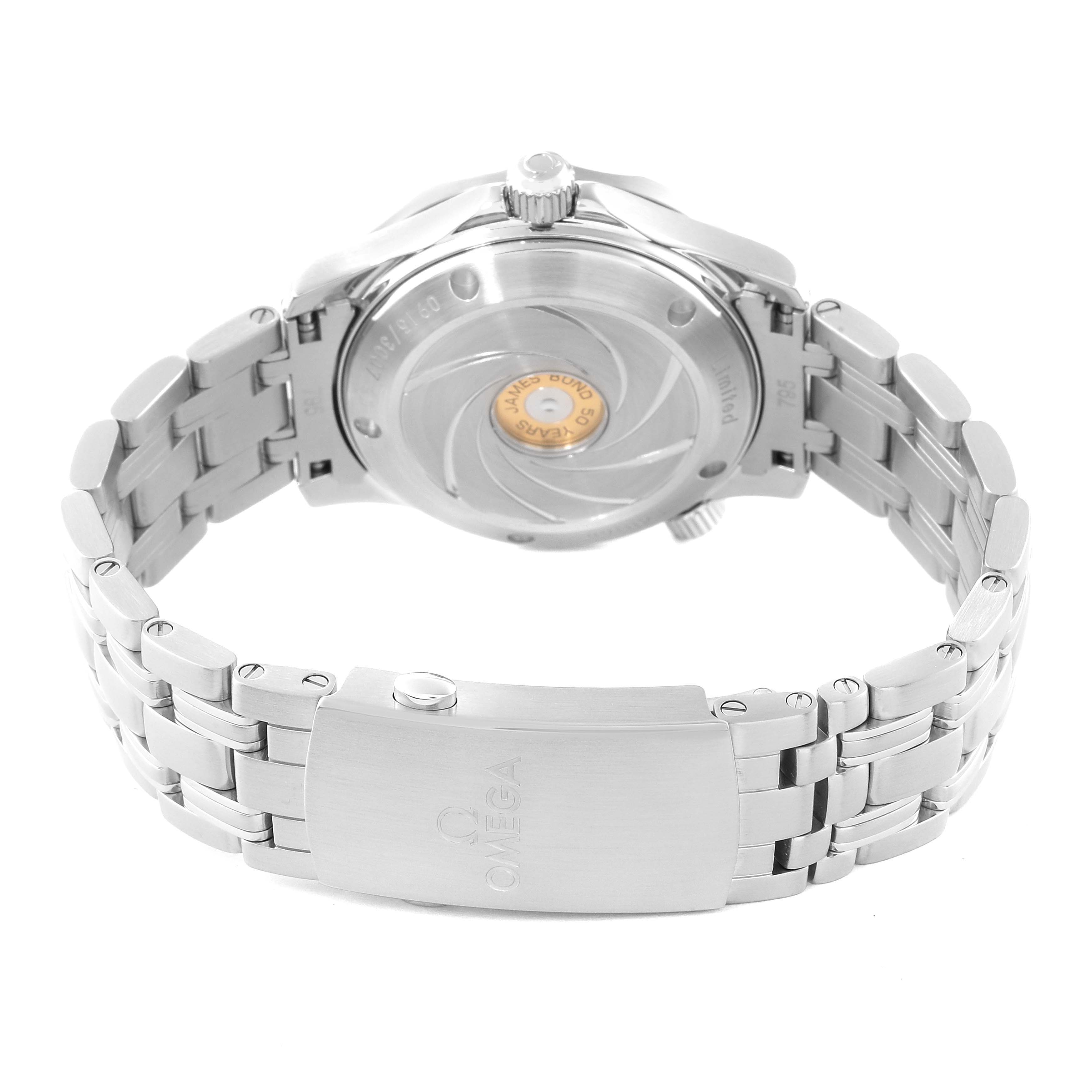 The image shows the back view of an Omega Seamaster 212.30.36.20.51.001 Men's Stainless Steel Black Dial 212.30.36.20.51.001 Men's Stainless Steel Black Dial watch, highlighting the case back and stainless steel bracelet clasp.